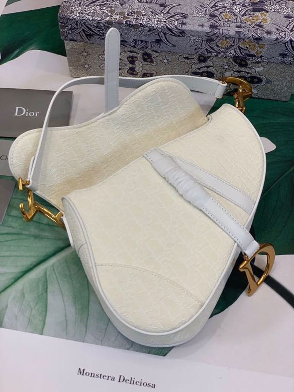 Top Quality Saddle Bag White Oblique Embroidered Canvas Gold Toned Hardware For Women 25cm/10in CD