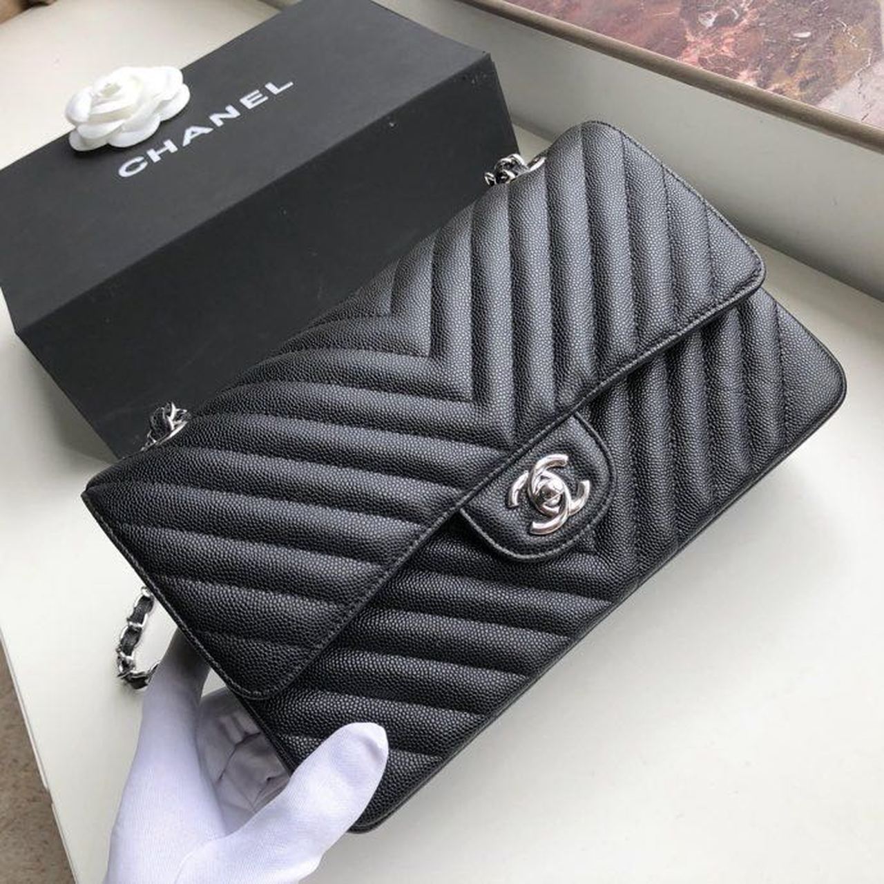 CHL Chevron Classic Handbag Silver Hardware Black For Women Bags, Shoulder And Crossbody Bags 10.2in/26cm