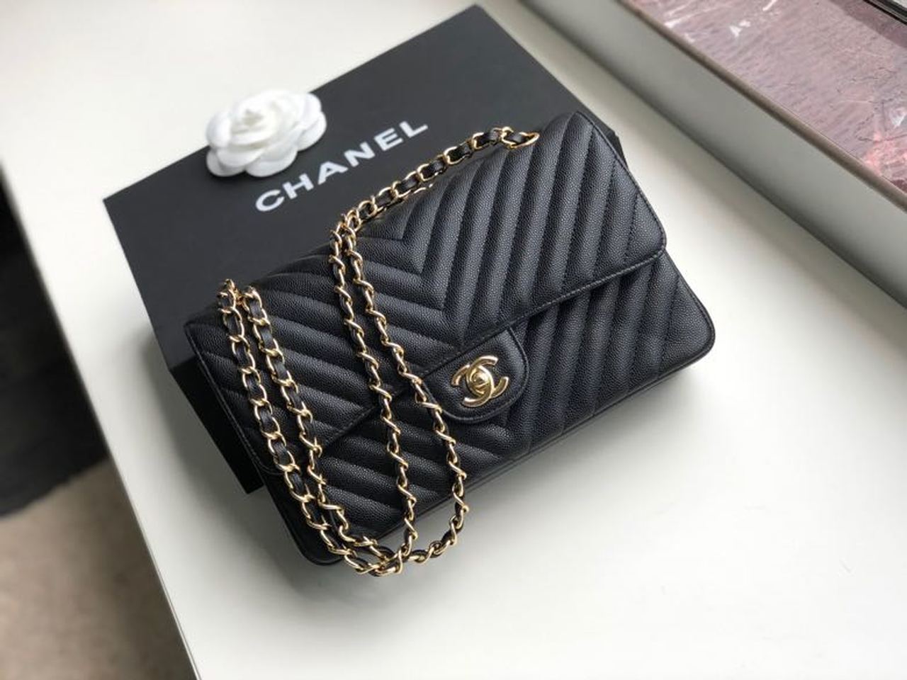 CHL Chevron Classic Handbag Gold Toned Hardware Black For Women, Women’s Bags, Shoulder And Crossbody Bags 10in/26cm