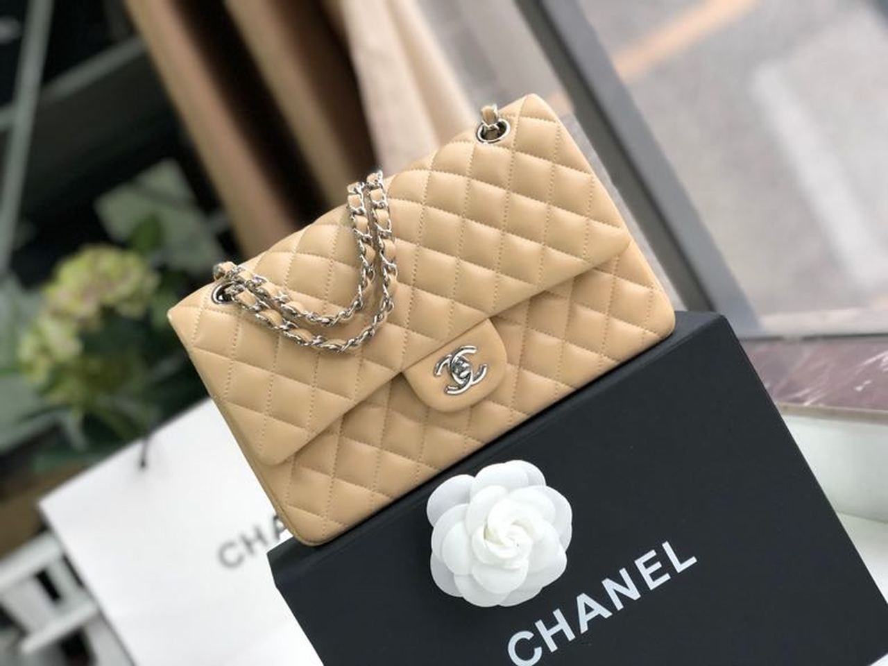 CHL Classic Handbag Silver Hardware Beige For Women, Women’s Bags, Shoulder And Crossbody Bags 10in/26cm A01112