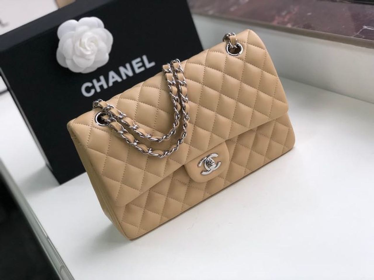 CHL Classic Handbag Silver Hardware Beige For Women, Women’s Bags, Shoulder And Crossbody Bags 10in/26cm A01112