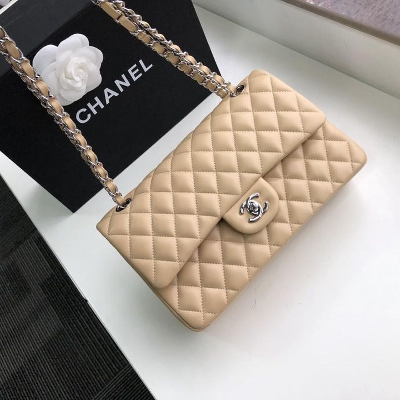 CHL Classic Handbag Silver Hardware Beige For Women, Women’s Bags, Shoulder And Crossbody Bags 10in/26cm A01112
