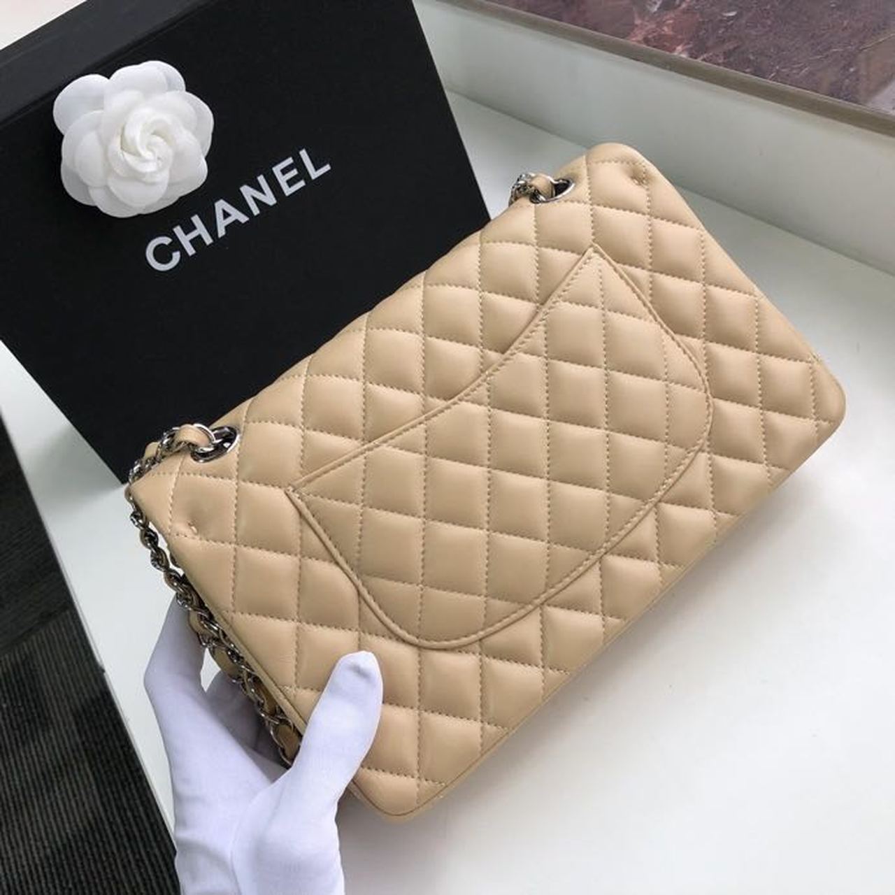 CHL Classic Handbag Silver Hardware Beige For Women, Women’s Bags, Shoulder And Crossbody Bags 10in/26cm A01112
