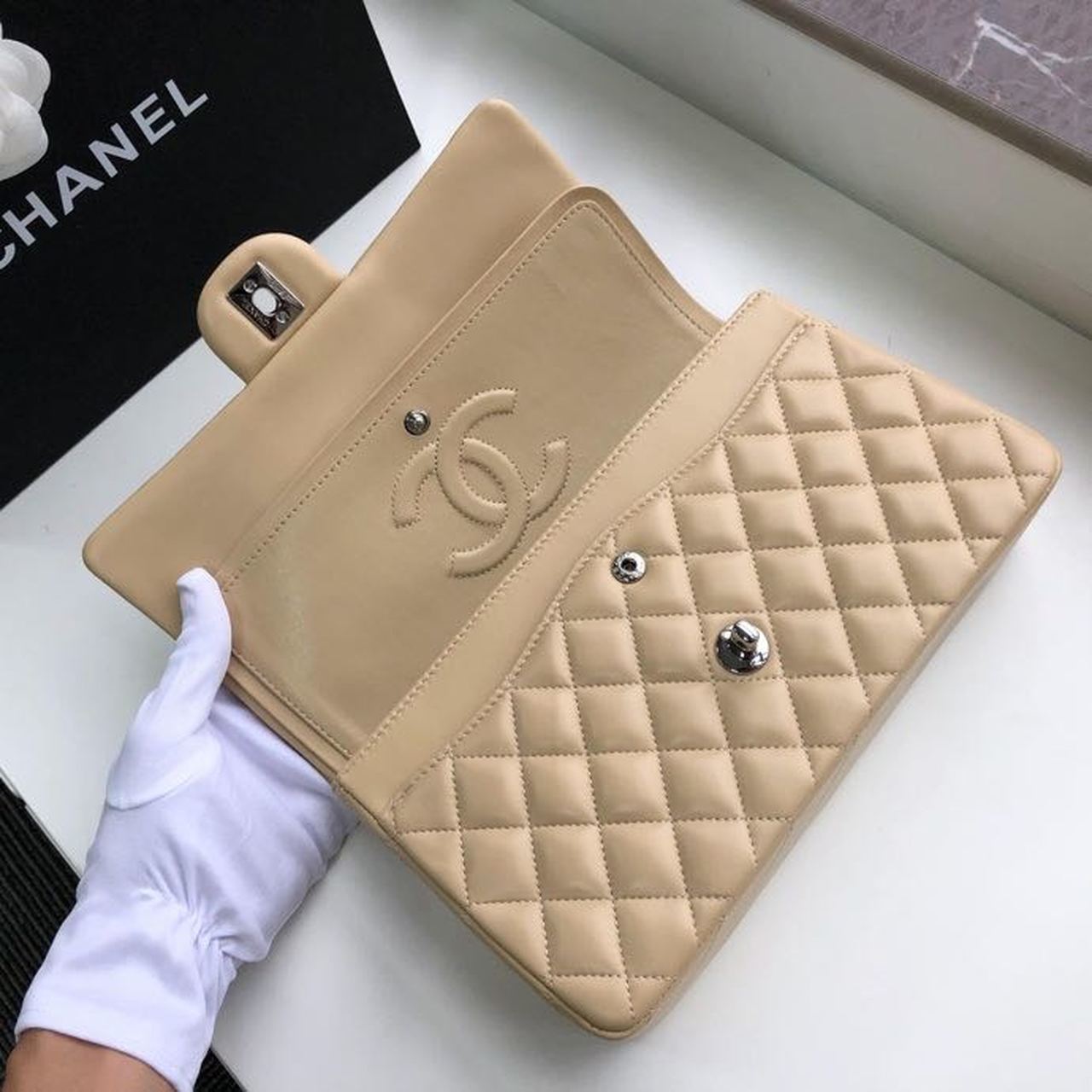CHL Classic Handbag Silver Hardware Beige For Women, Women’s Bags, Shoulder And Crossbody Bags 10in/26cm A01112