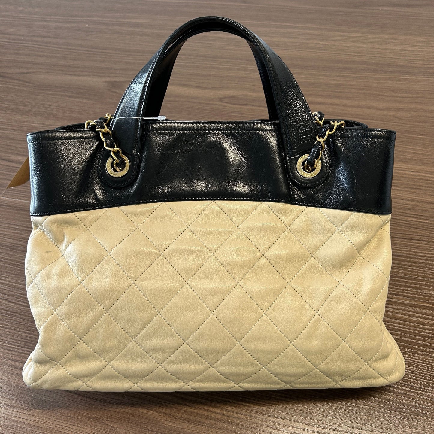 CHANEL Calfskin Quilted In The Mix Shopping Tote Beige Black LB121664