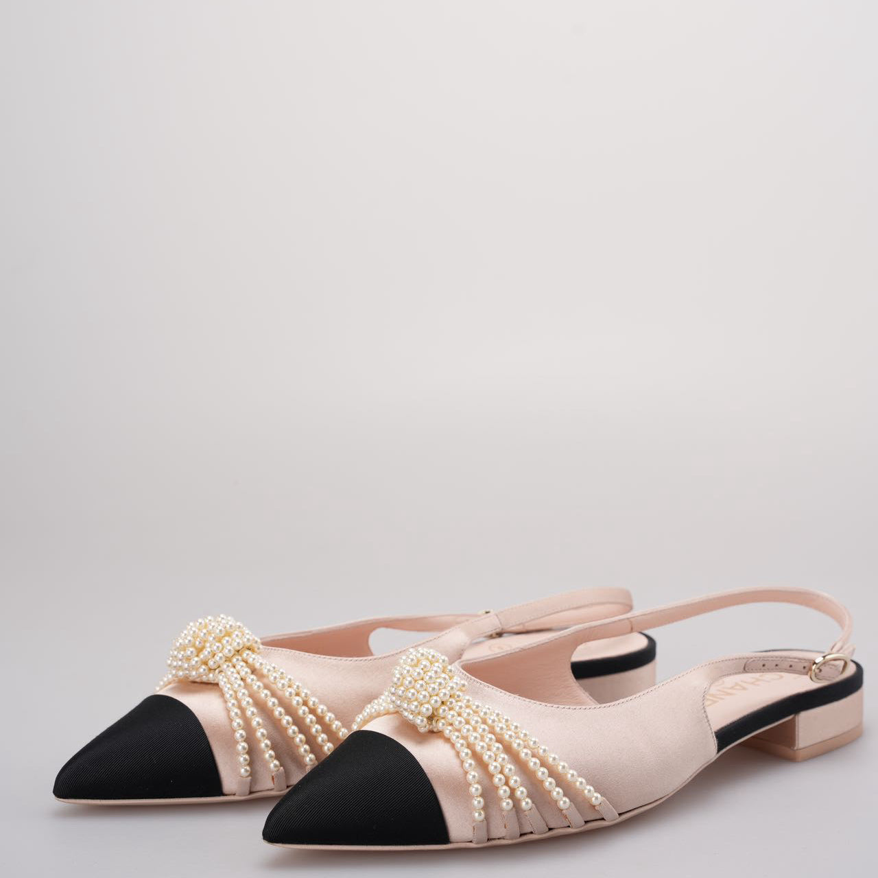 Chanel Satin Grosgrain Pearl Slingback Flats Pink/Black Size 38