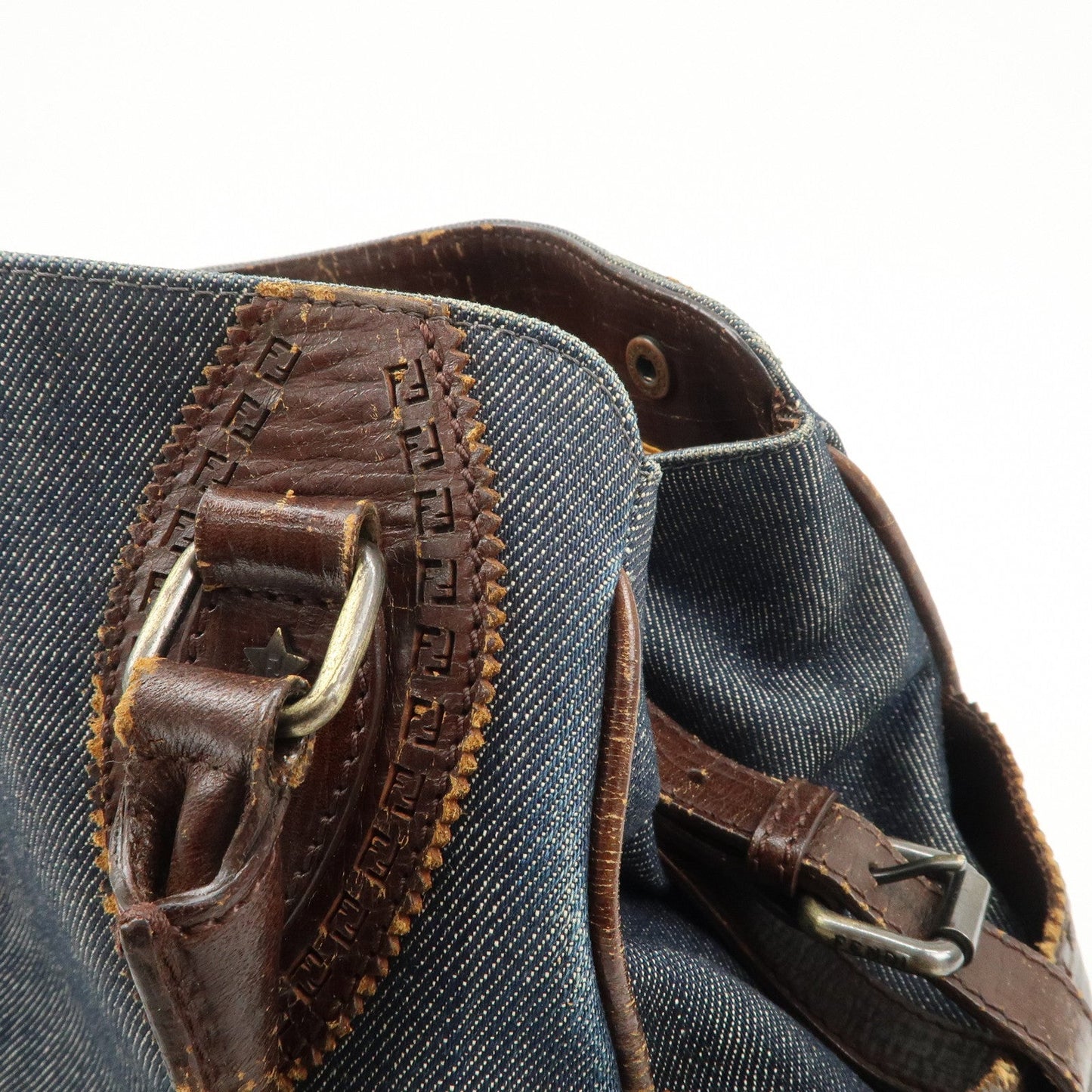 FENDI Ethnico Denim Leather Shoulder Bag Blue Brown 8BN157  d