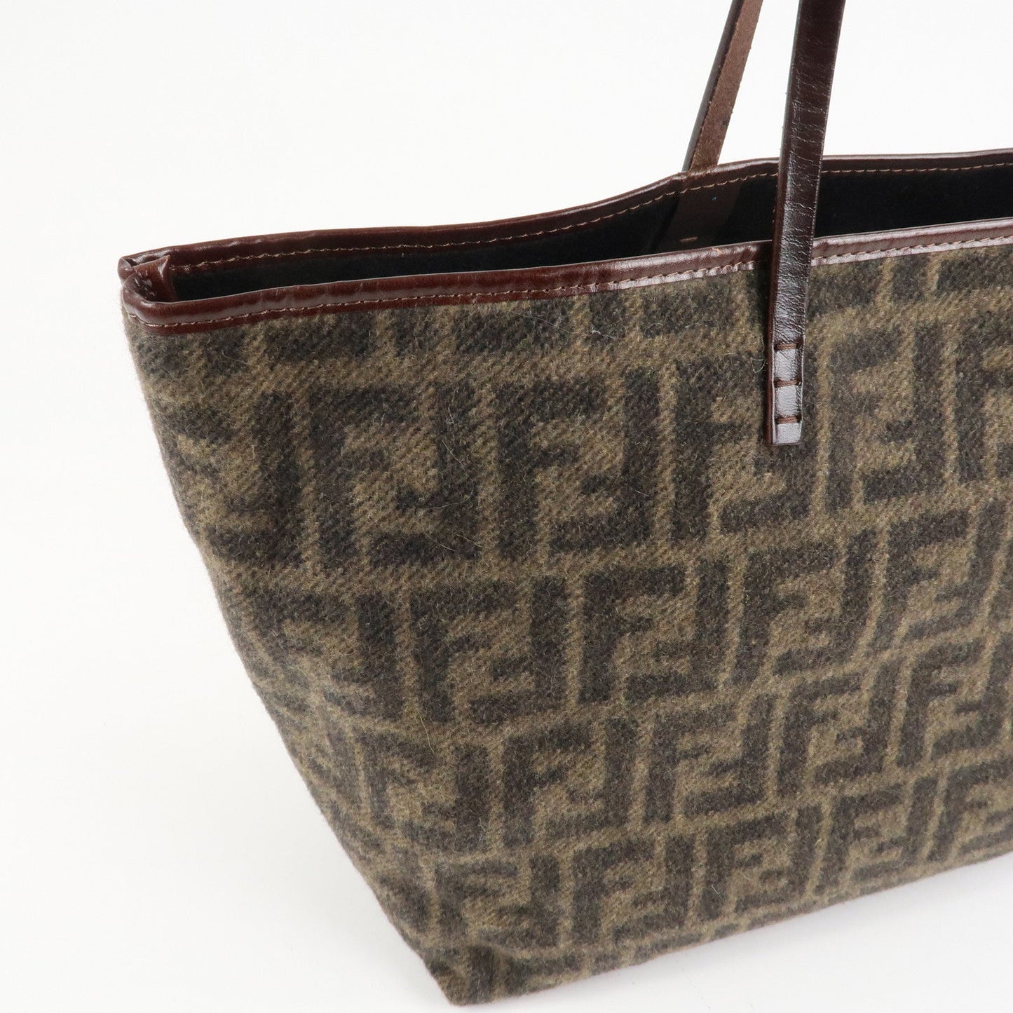 FENDI Zucca Wool Leather Tote Bag Khaki Black Dark Brown  d