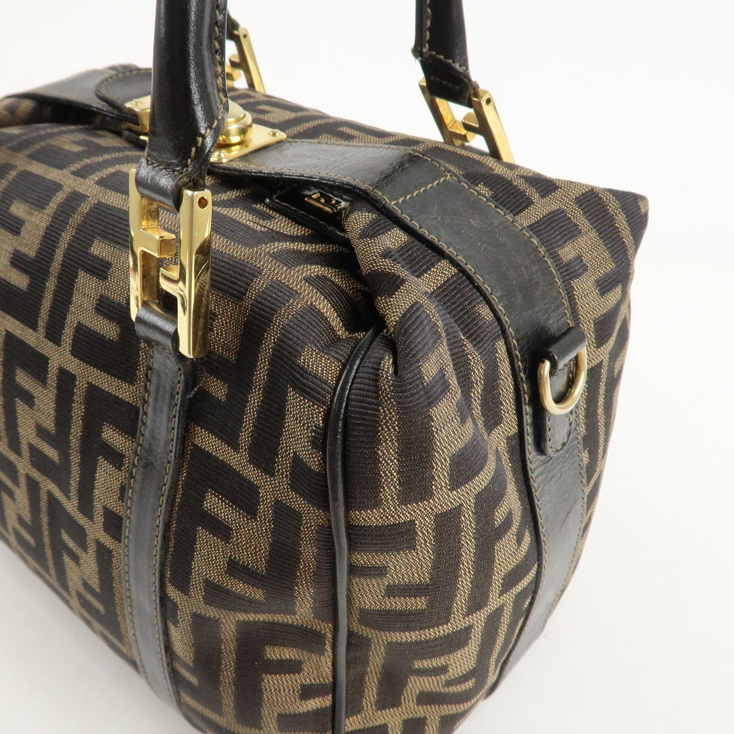 FENDI Zucca Canvas Leather Boston Bag Hand Bag Brown Black  d