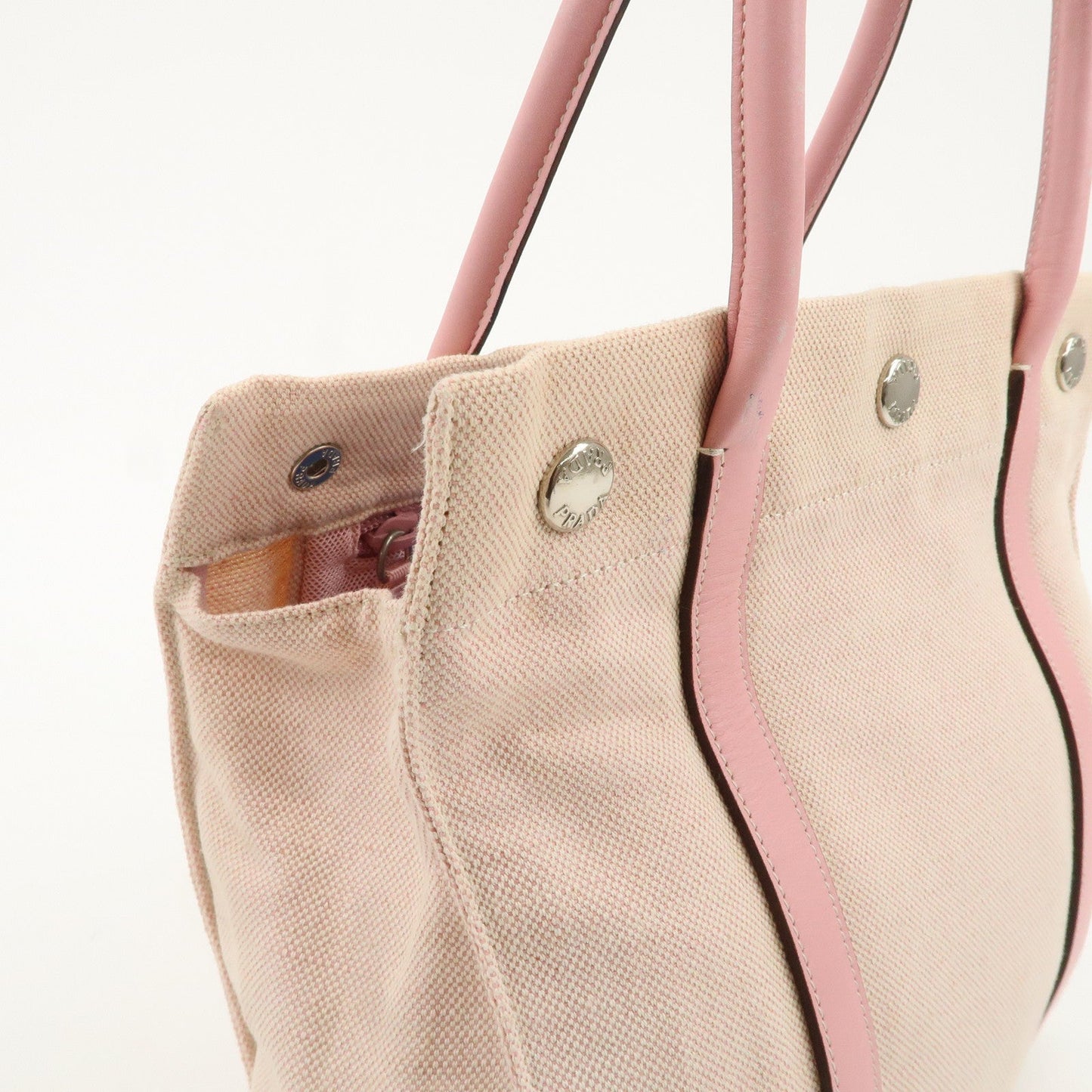 PRADA Canvas Leather Nylon Tote Bag Hand Bag Pink Silver HDW  d