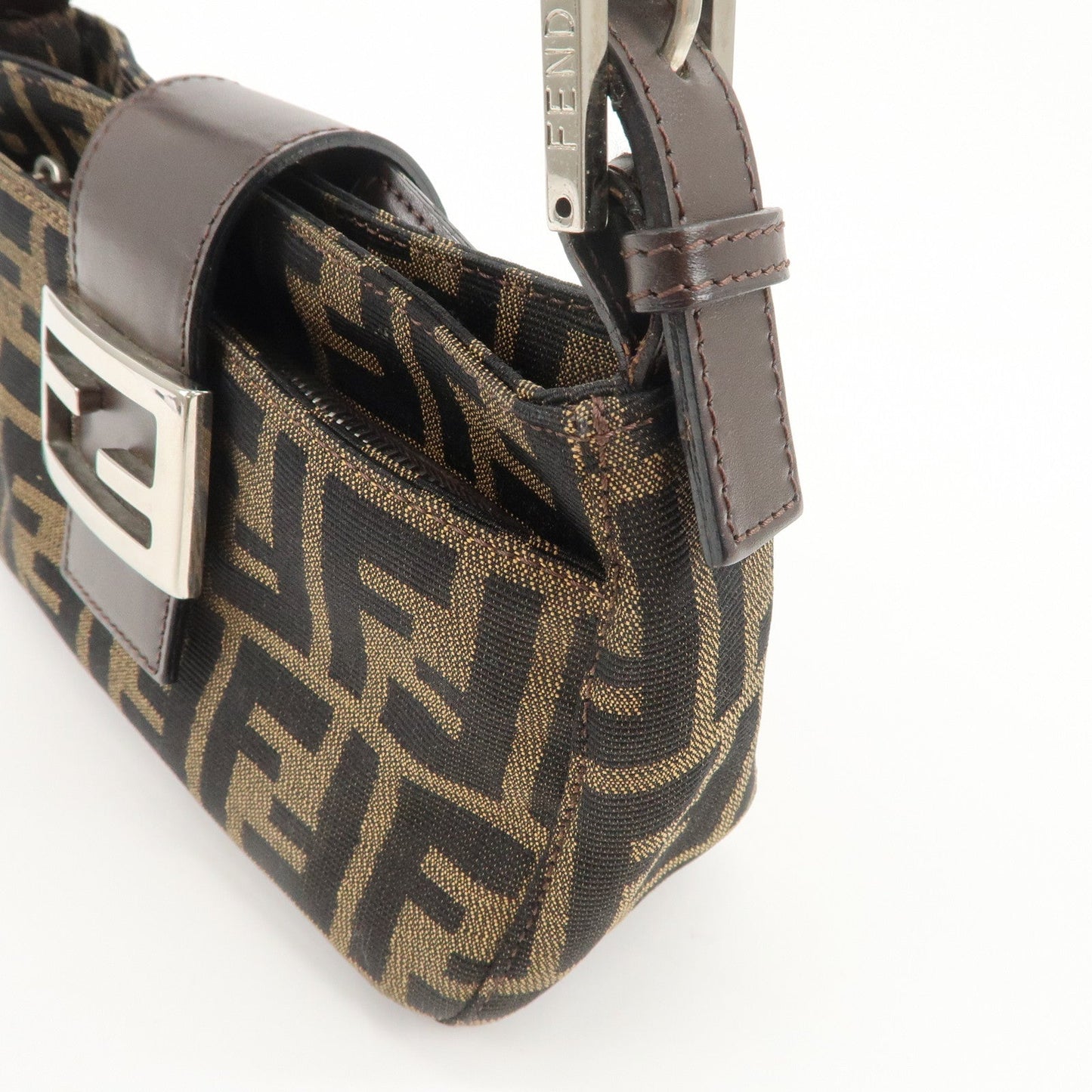 FENDI Zucca Canvas Leather Hand Bag Brown Black  d