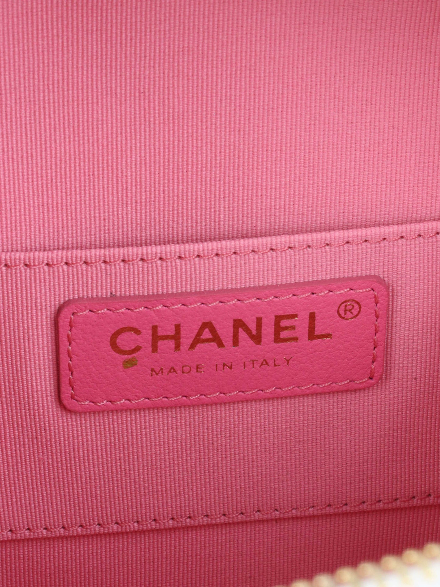 Chanel White Round Vanity with Chain Ring Handle.