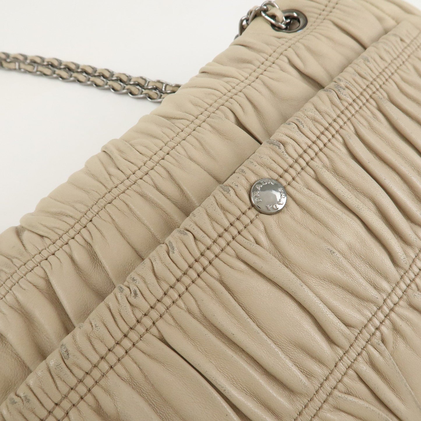 PRADA Leather Gathered Chain Shoulder Bag Ivory B4695C  d