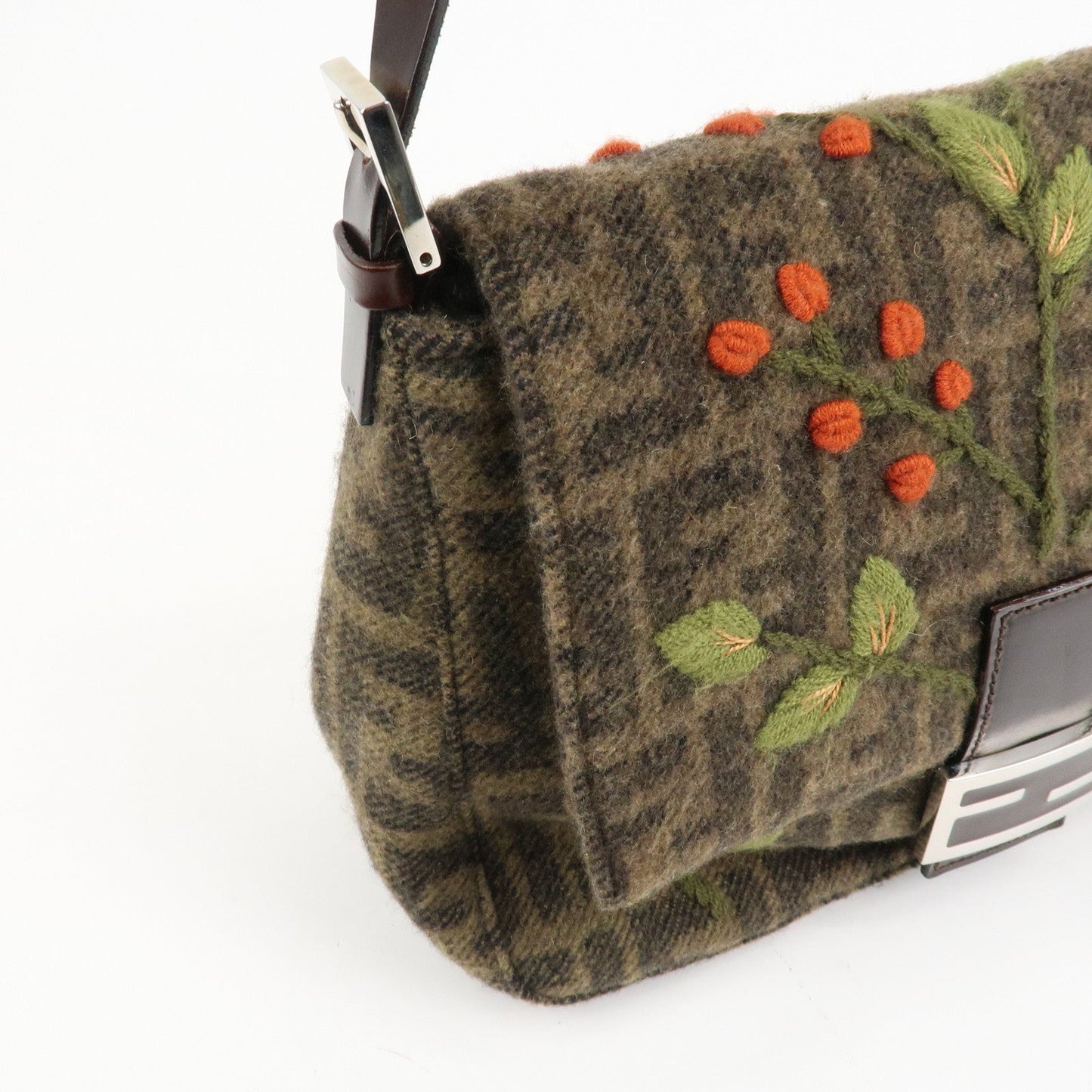 FENDI Mamma Baguette Zucca Wool Leather Shoulder Bag Flower  d