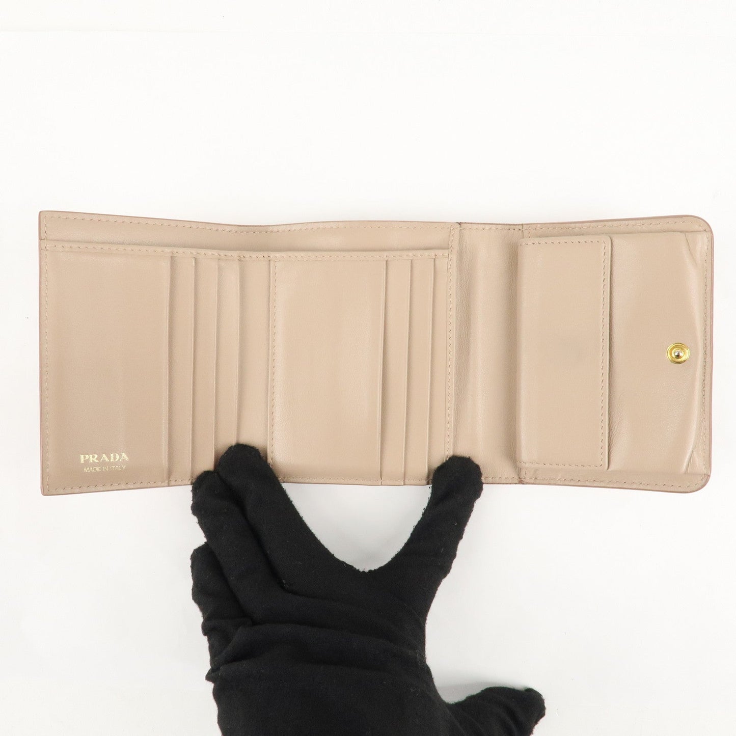 PRADA Saffiano Leather Trifold Compact Wallet Beige 1MH176  d