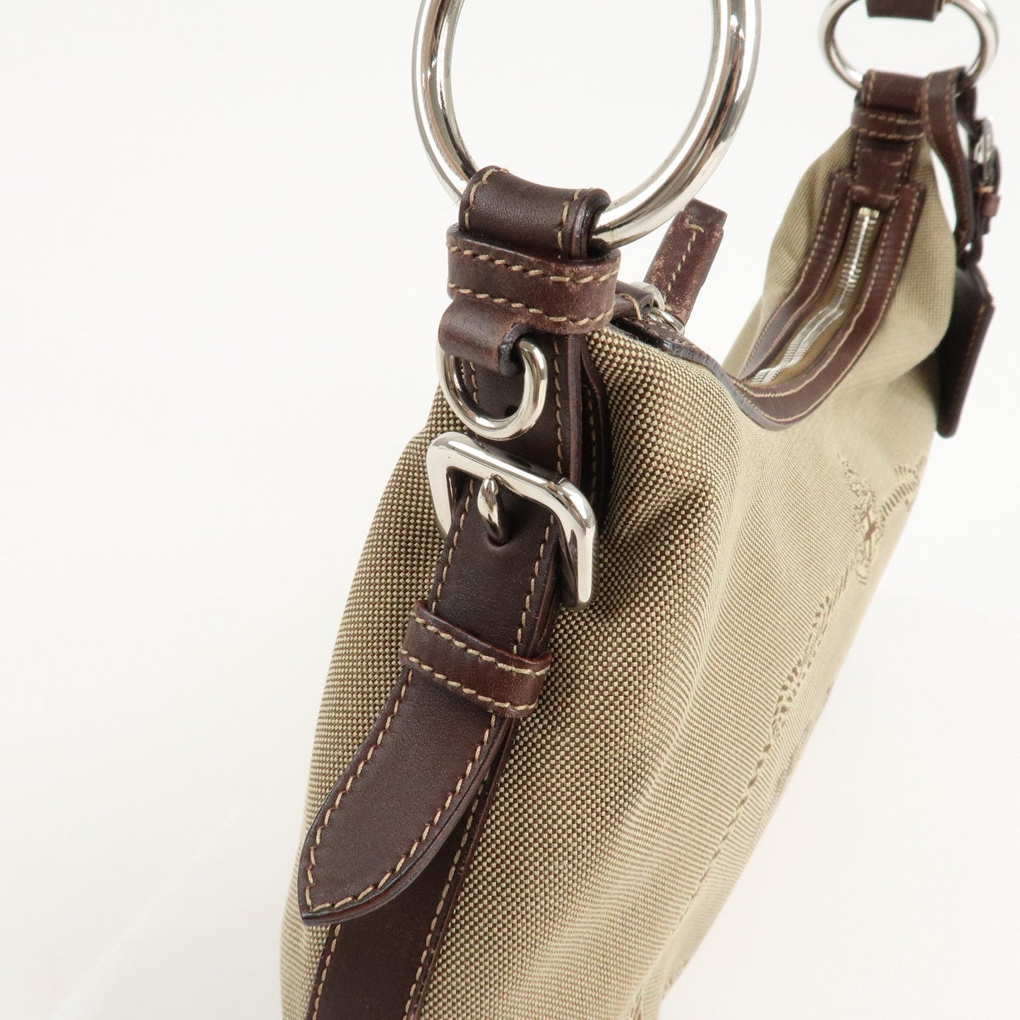 PRADA Logo Jacquard Leather Shoulder Bag Beige Brown  d