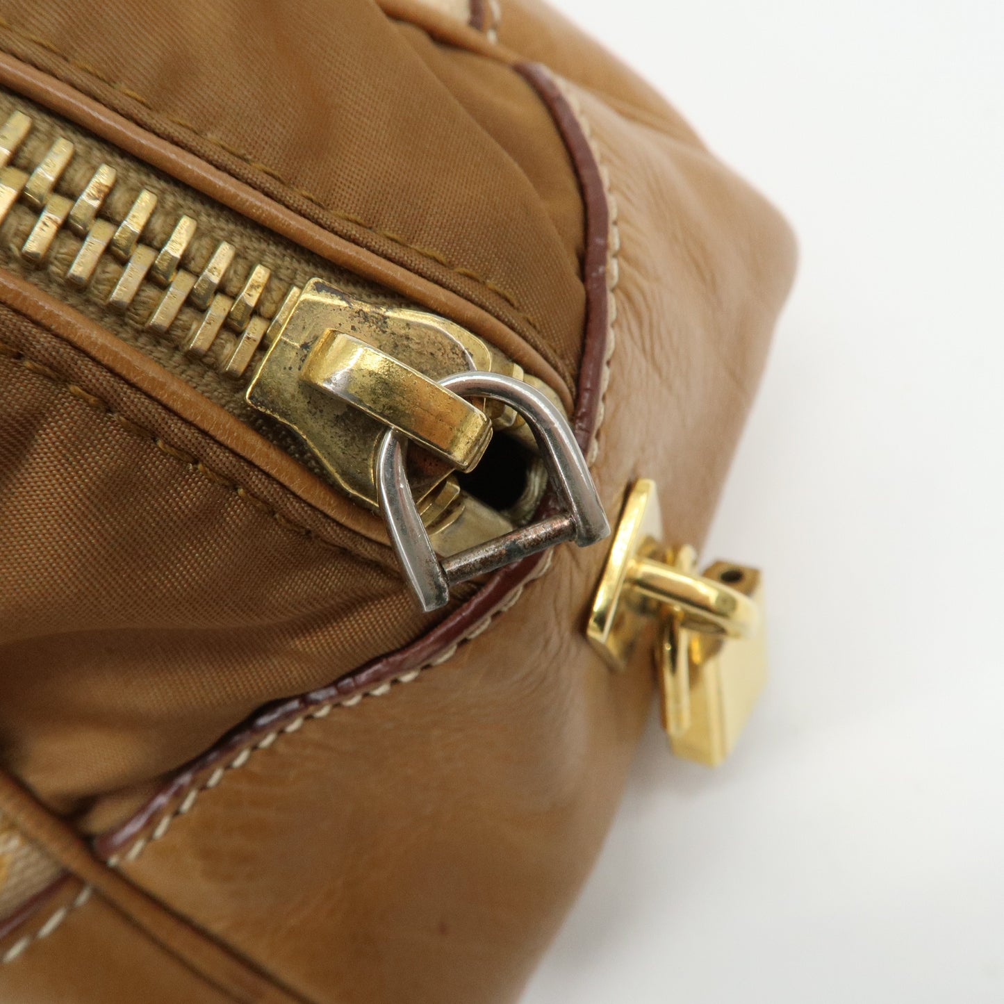 PRADA Logo Canvas Leather Nylon Shoulder Bag Boston Bag Brown  d