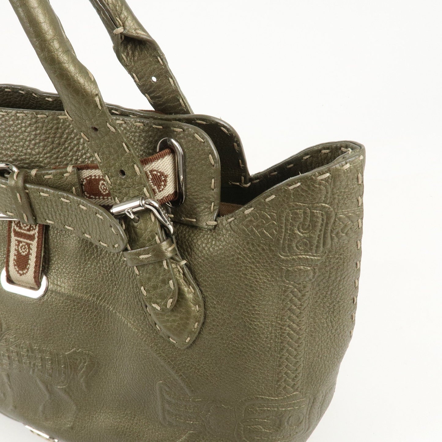 FENDI Selleria Leather Tote Bag Shoulder Bag Khaki 8BN155  d