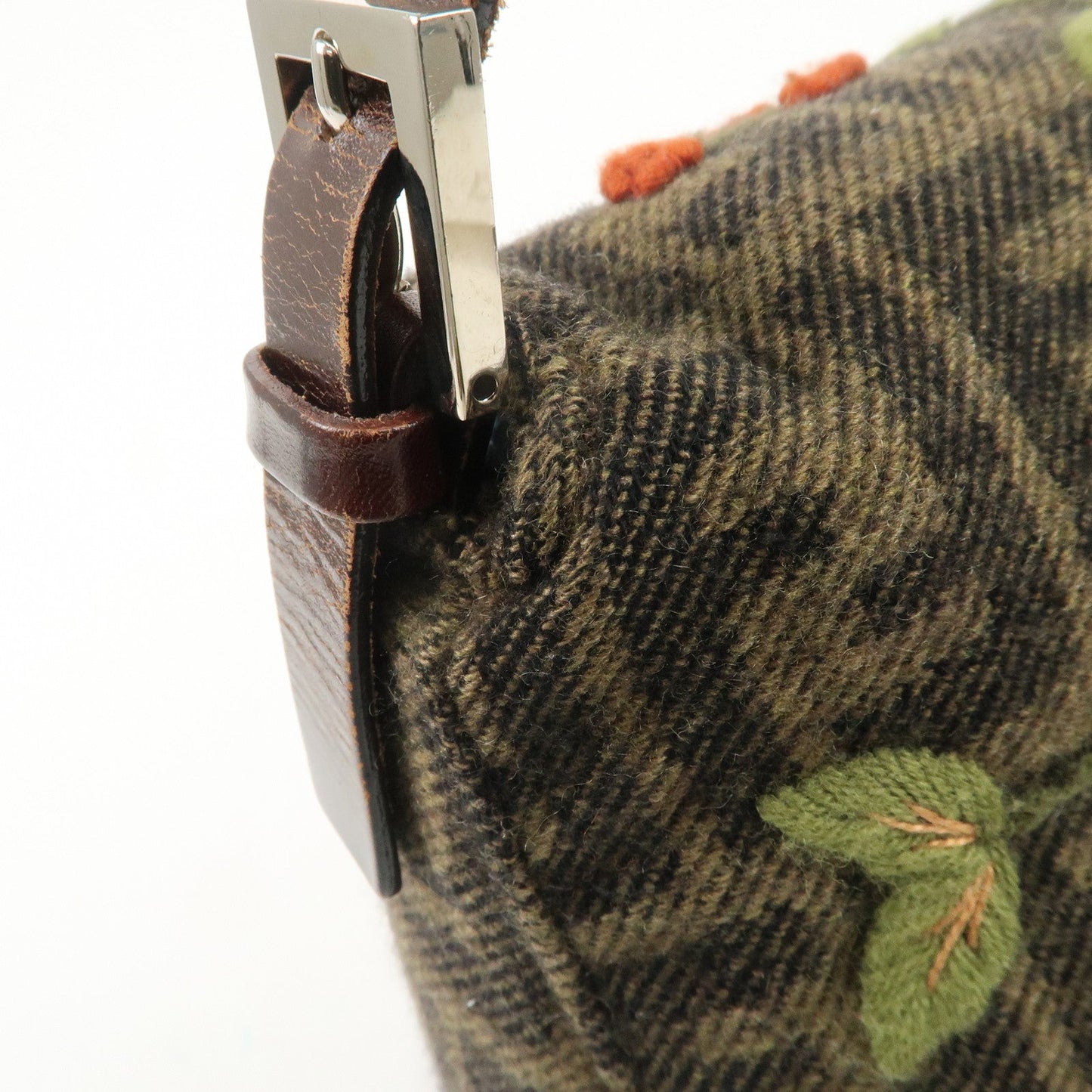 FENDI Mamma Baguette Wool Leather Shoulder Bag Tree Motif Khaki  d