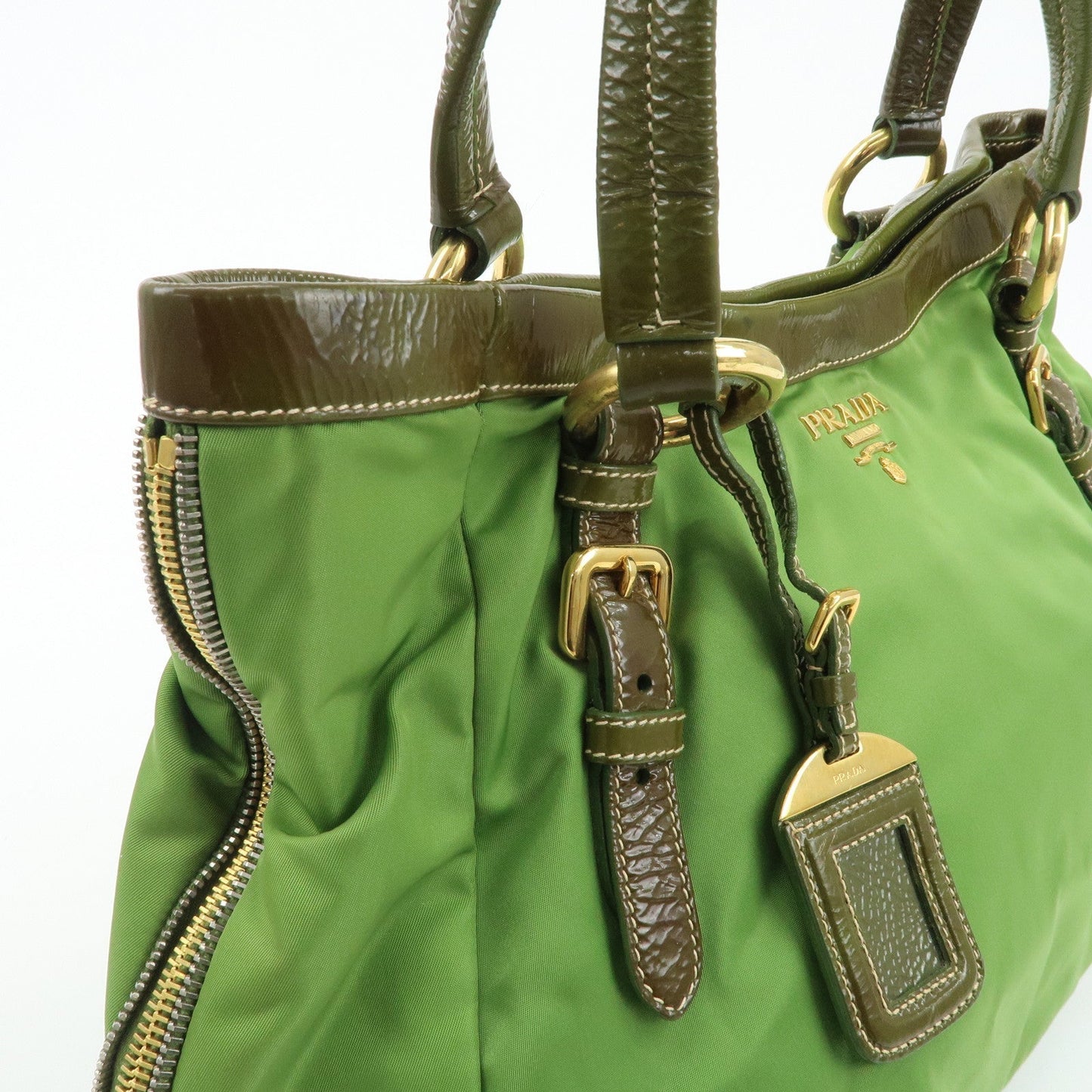 PRADA Nylon Patent Leather Tote Bag Shoulder Bag Green Khaki  d