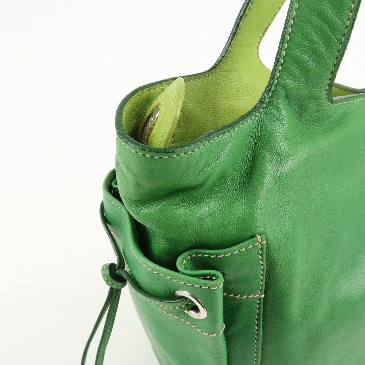 PRADA Logo Leather Tassel Shoulder Bag Hand Bag Green  d