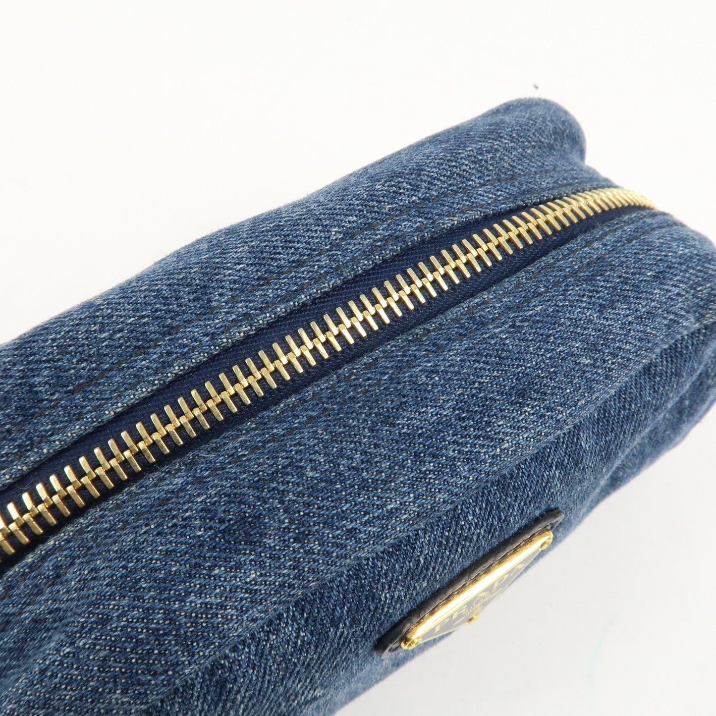 PRADA Triangle Logo Denim Pouch Cosmetic Pouch Blue  d