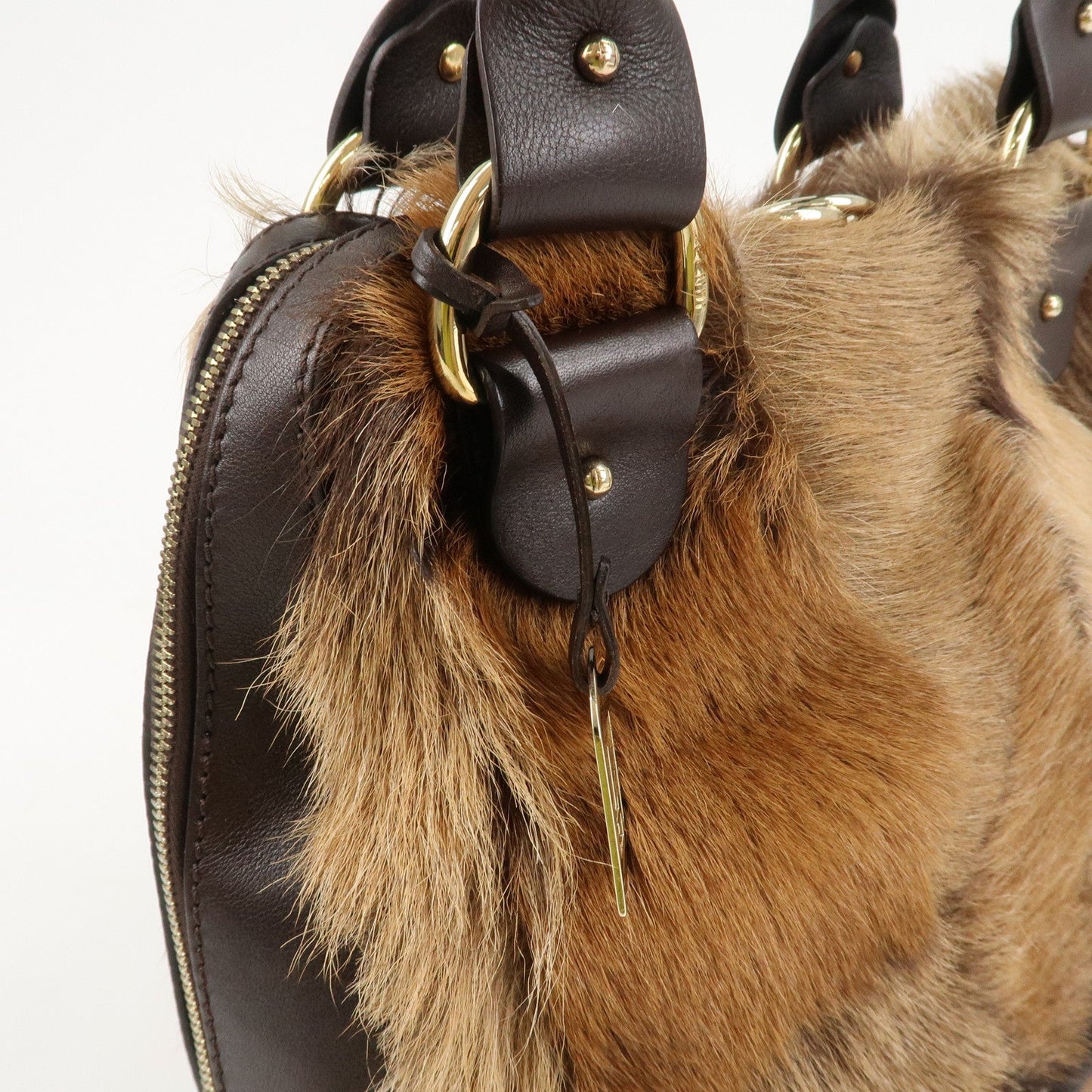 FENDI Fur Leather Tote Bag Hand Bag Shoulder Bag Brown 8BR286  d