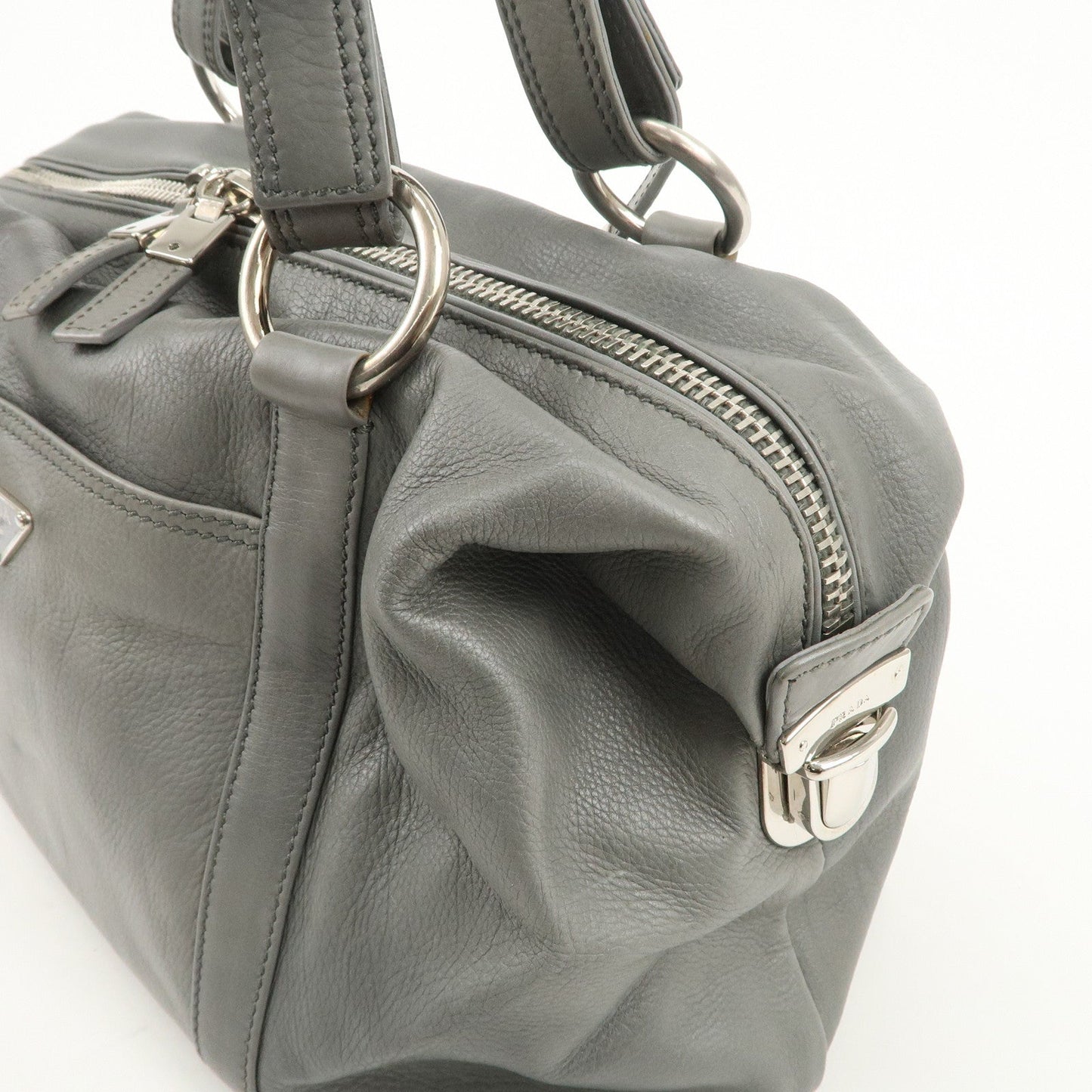 PRADA Leather Boston Bag Shoulder Bag Gray Silver Hardware  d