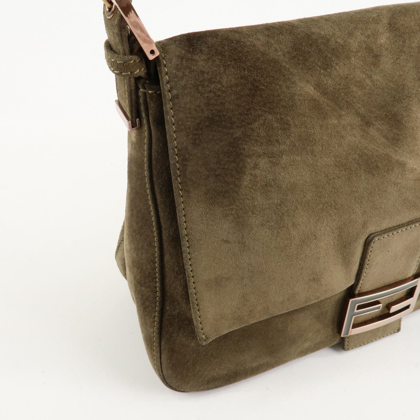 FENDI Mamma Baguette Suede Shoulder Bag Khaki 8BR001  d