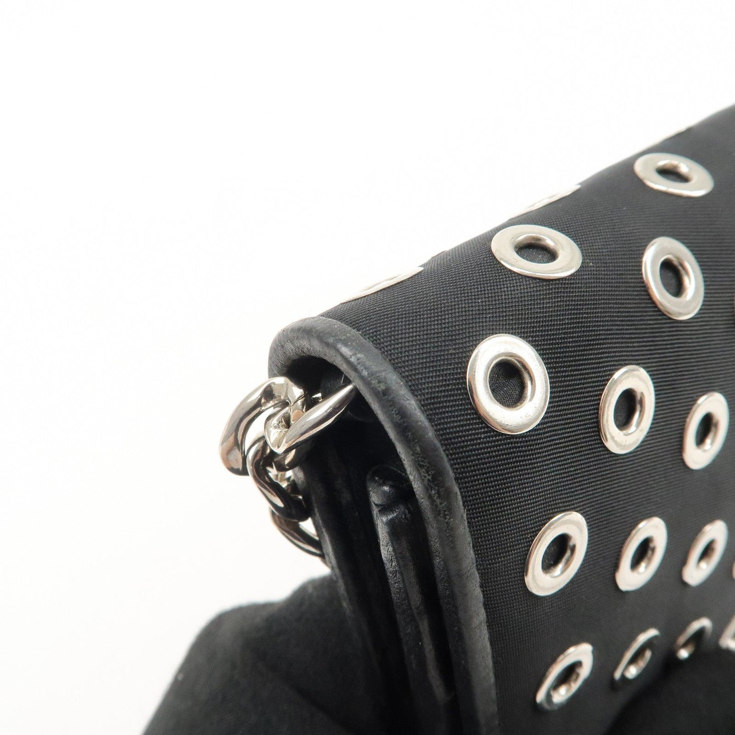 PRADA Grommet Nylon Leather Chain Long Wallet Black Silver HDW  d