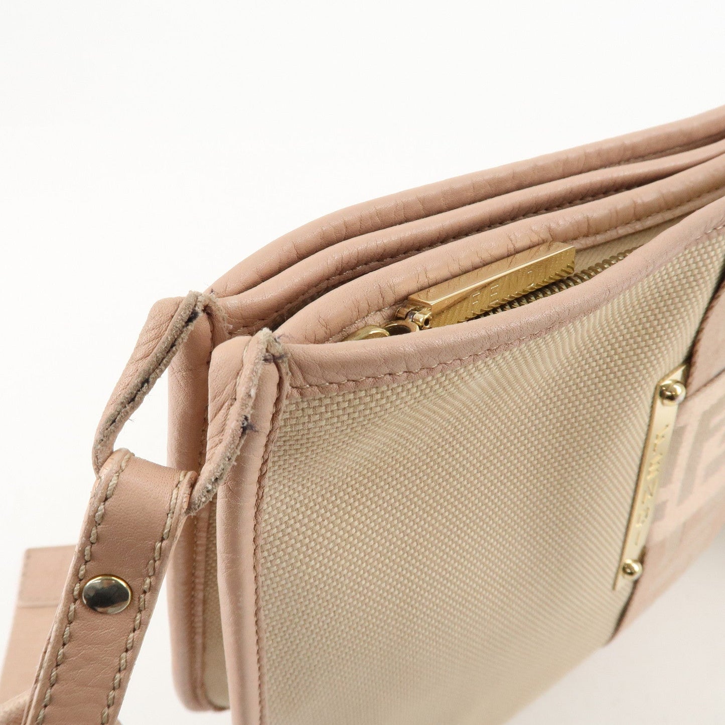 FENDI Logo Canvas Leather Shoulder Bag Beige Pink 8BT084  d