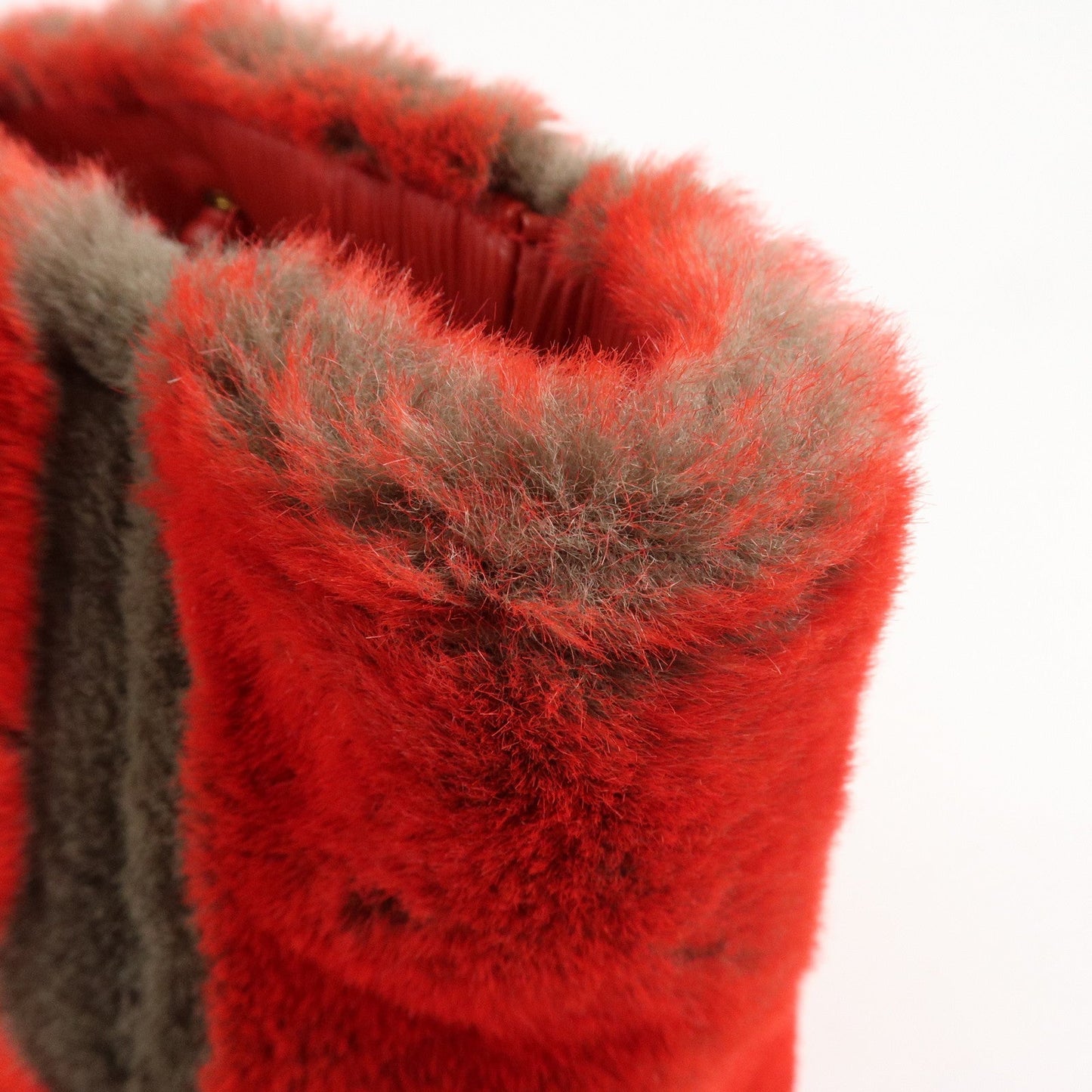 FENDI Leather Fake Fur Shoulder Bag Tote Bag Red  d