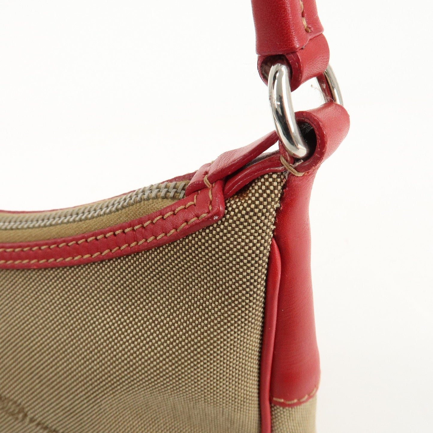PRADA Logo Jacquard Leather Shoulder Bag Beige Red  d