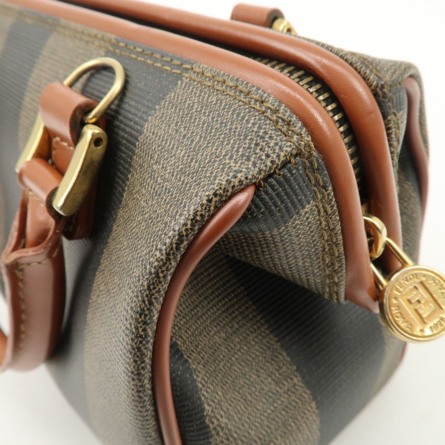 FENDI Pequin PVC Leather 2Way Mini Boston Bag Brown Black  d