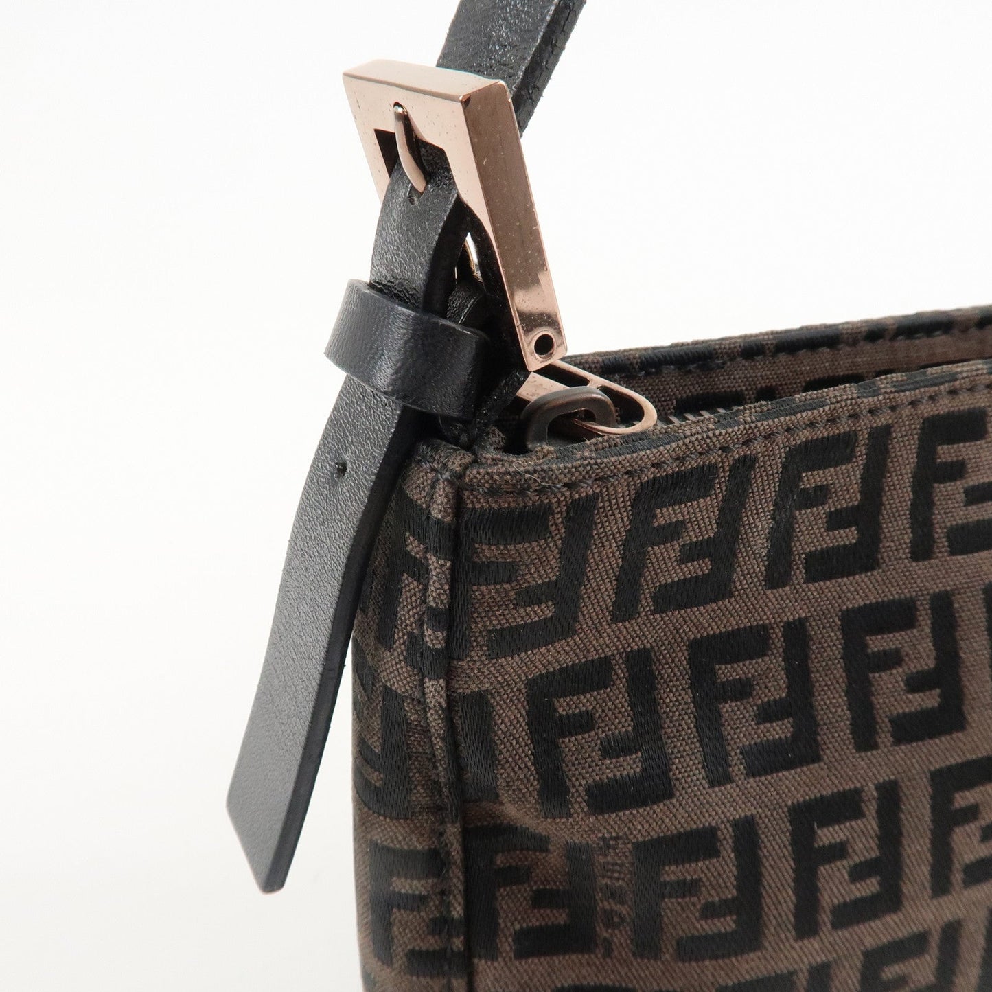 FENDI Zucchino Canvas Leather Shoulder Bag Dark Brown Black 8BR042  d