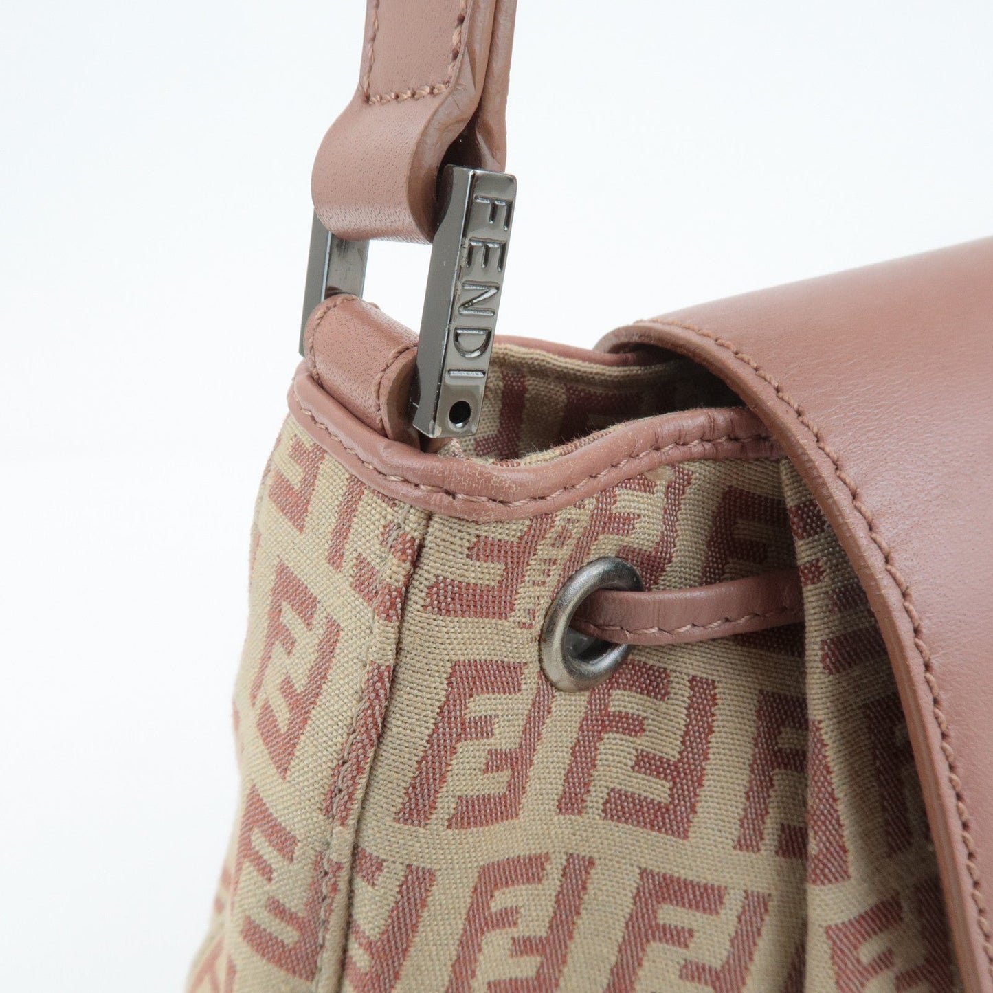 FENDI Zucchino Canvas Leather Shoulder Bag Beige Pink 8BR282  d