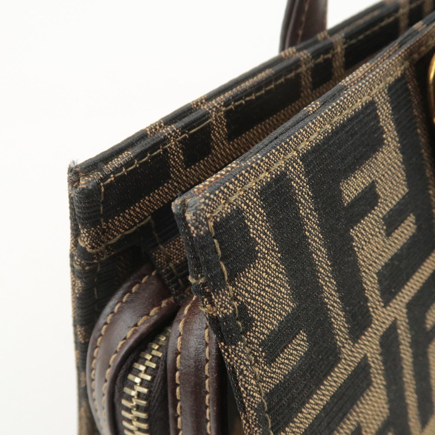 FENDI Zucca Canvas Leather Boston Bag Hand Bag Brown Black  d