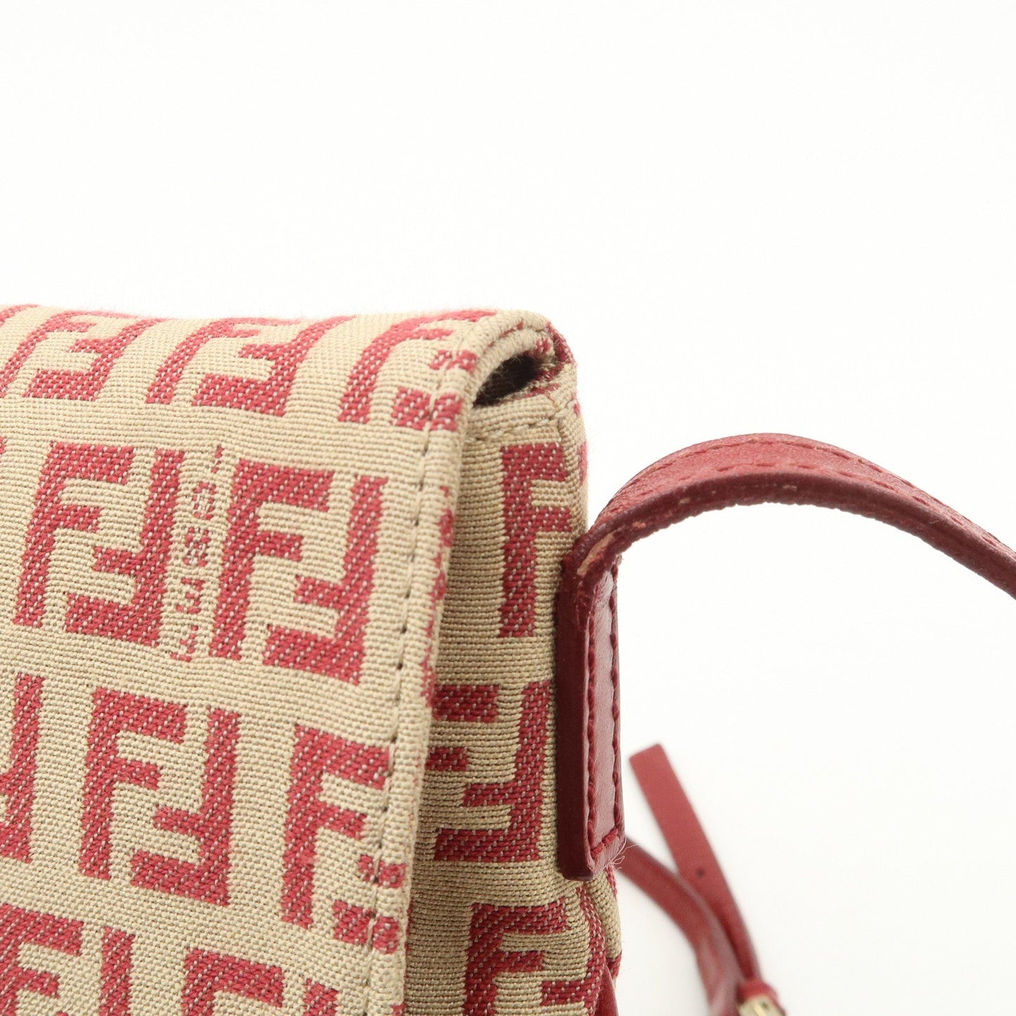 FENDI Zucchino Canvas Leather Shoulder Bag Beige Red 8BT075  d