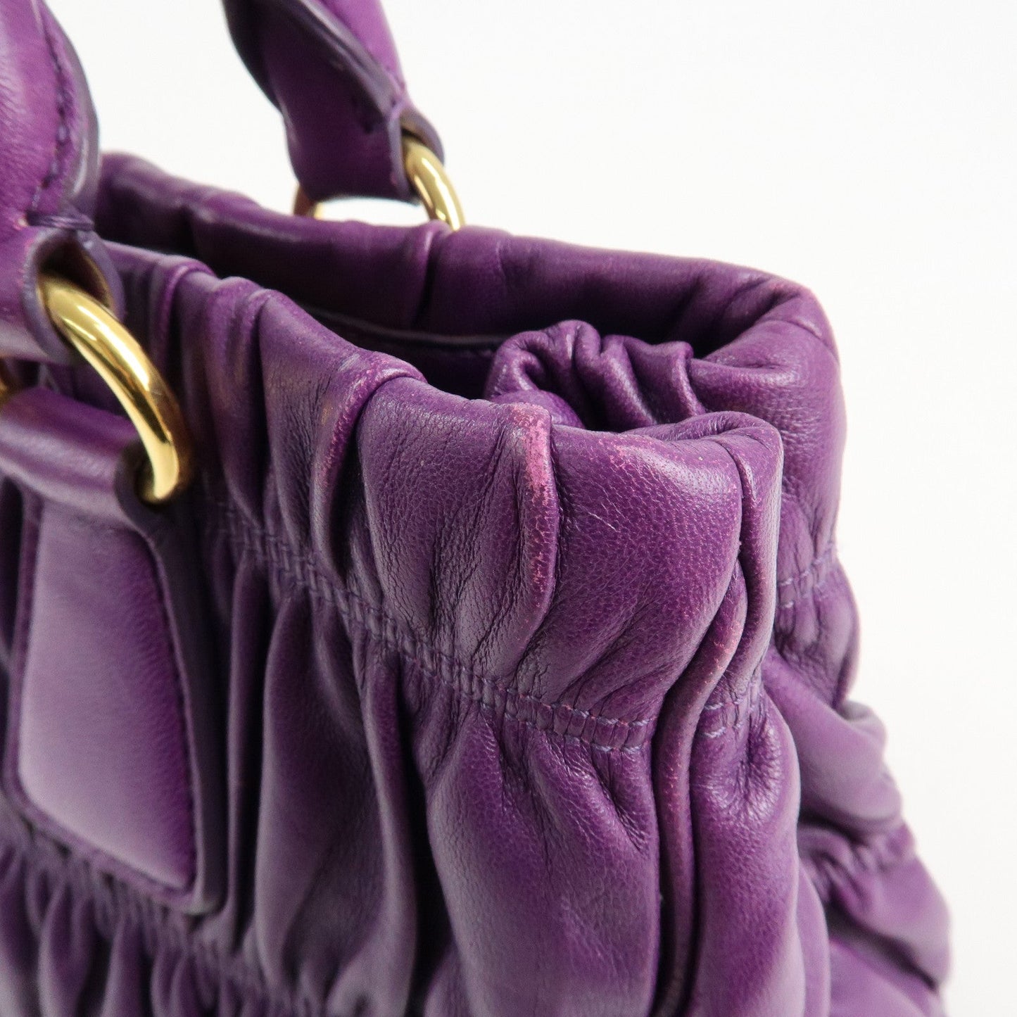 PRADA Leather Gathered Hand Bag Purple Gold Hardware BN2394  d