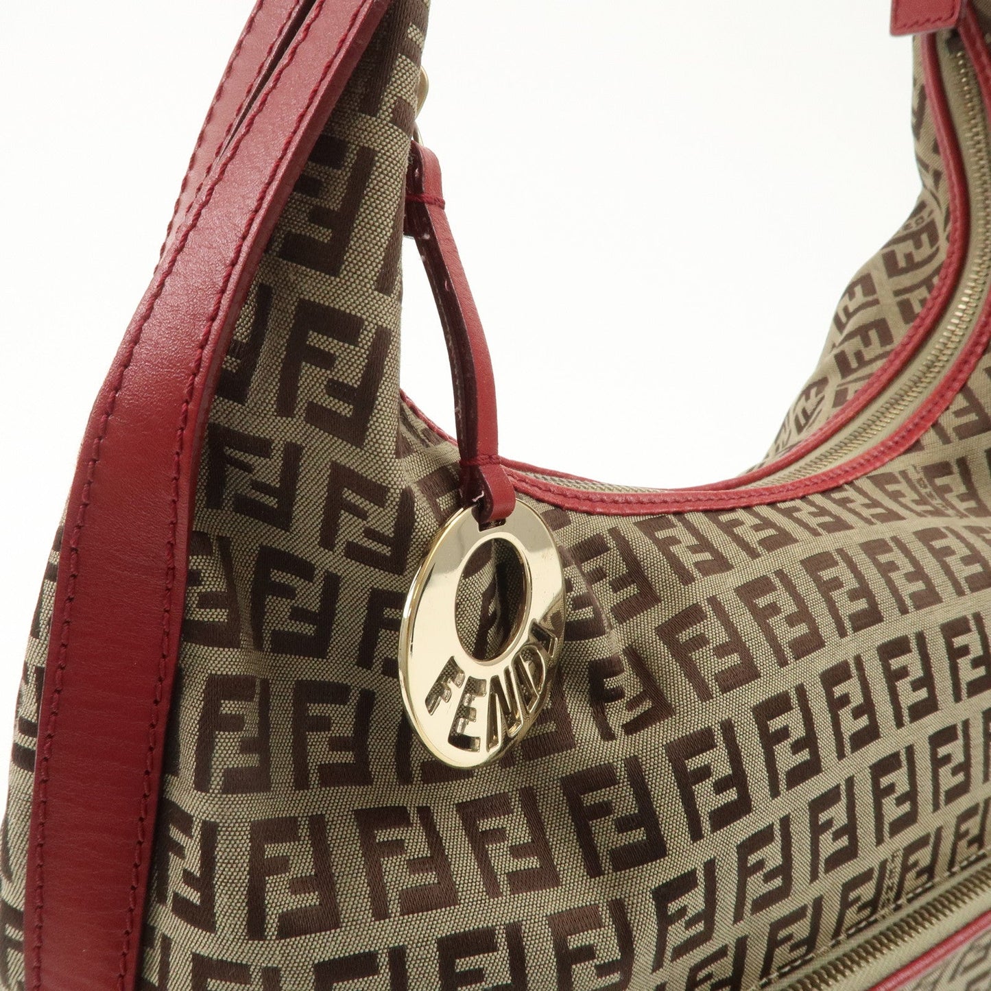 FENDI Zucchino Canvas Leather Shoulder Bag Khaki Brown Red 8BR465  d