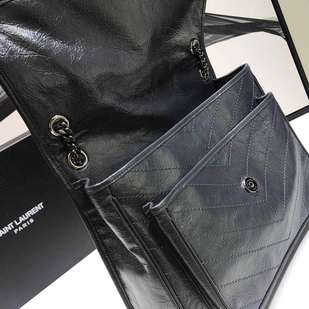YSSL Niki Medium Chain Bag In Crinkled  Grey For Women 11in/28cm YSL 6331580EN041112
