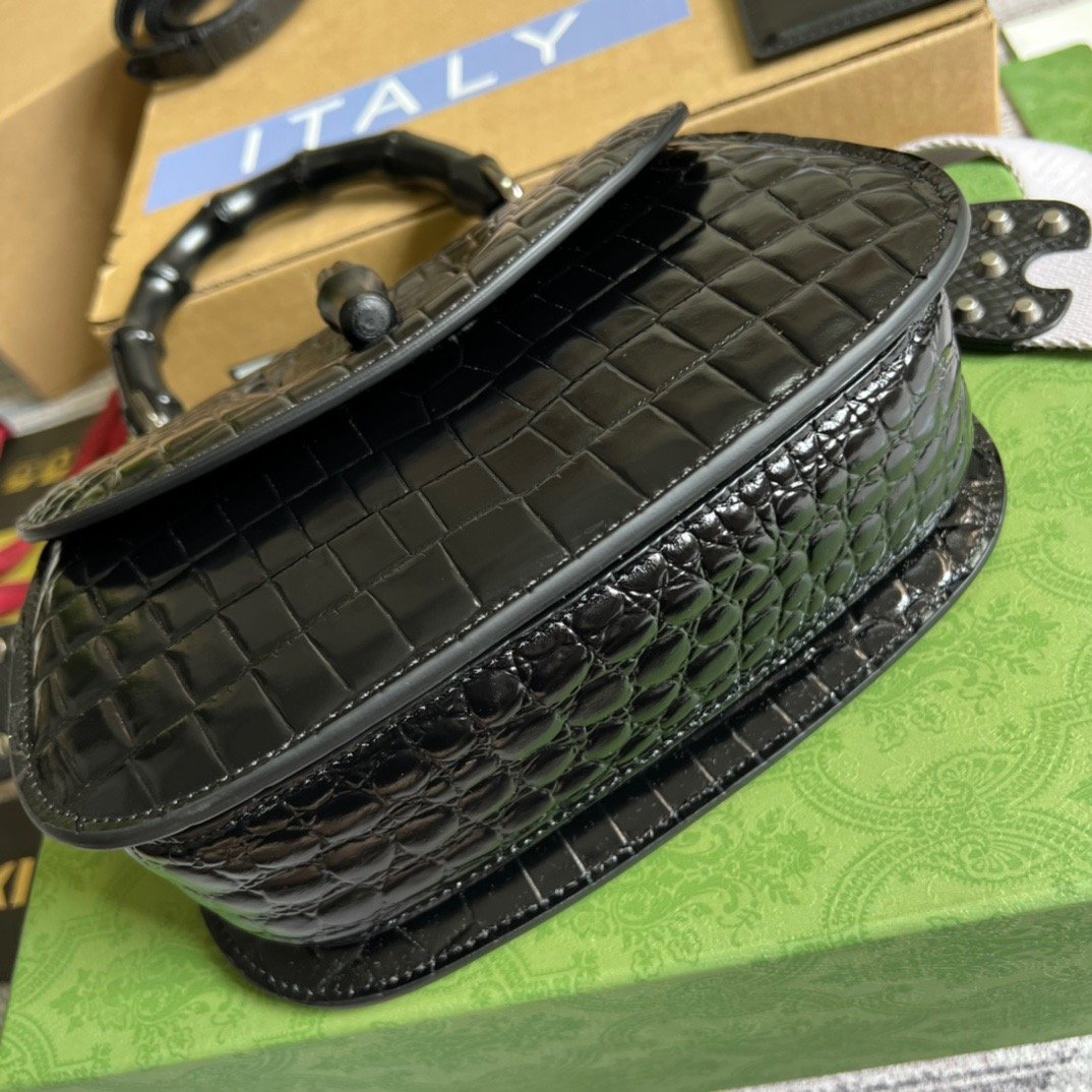 gg Bamboo 1947 Crocodile Top Handle Bag Black For Women, Women’s Bags 10in/26cm gg