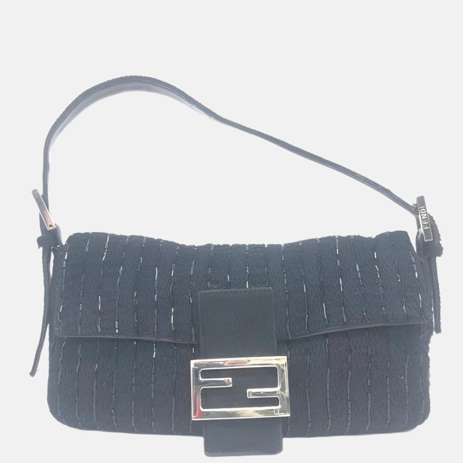 Fendi Baguette   Black Glitter Beads and Cloth Knit Shoulder Bag