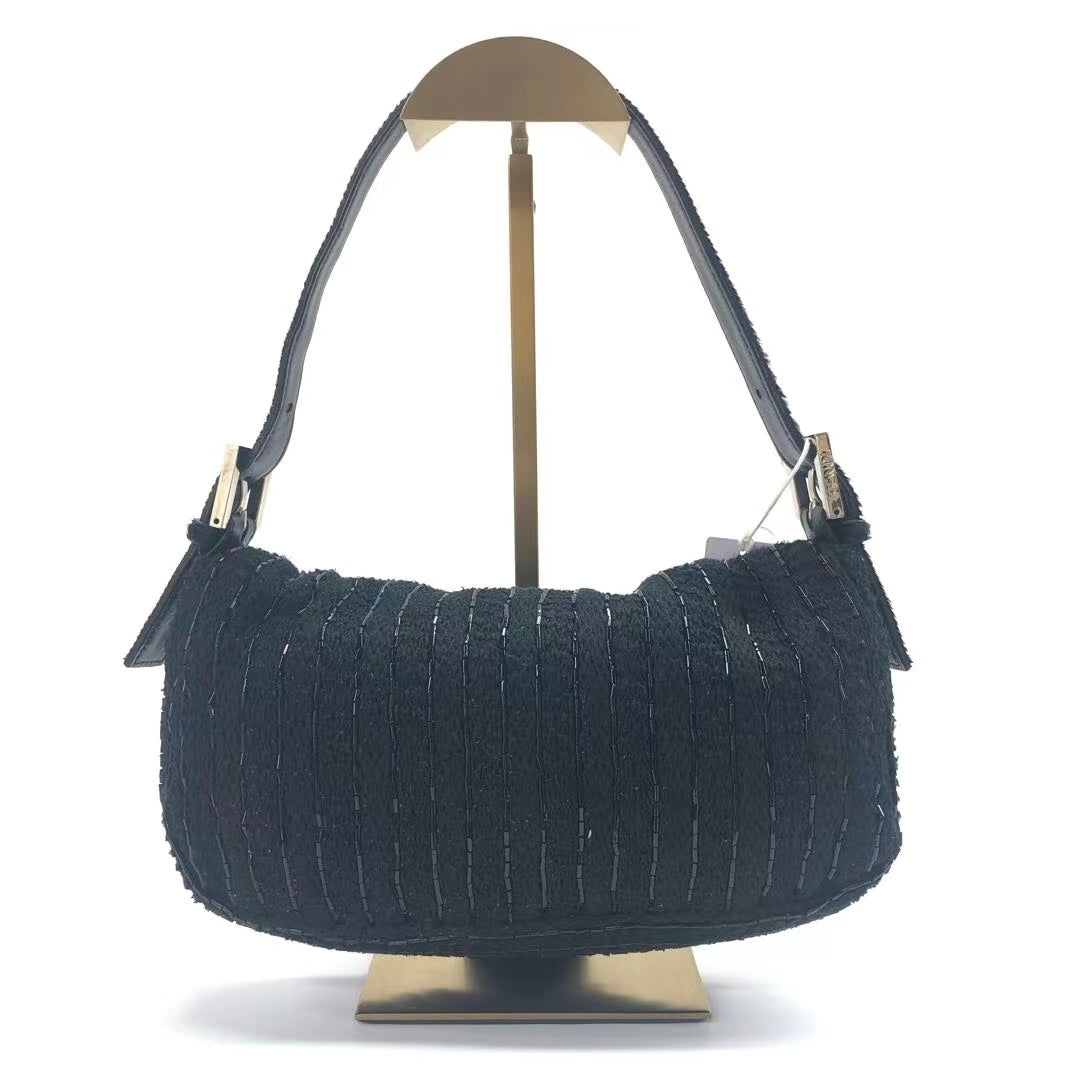 Fendi Baguette   Black Glitter Beads and Cloth Knit Shoulder Bag