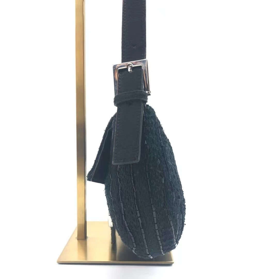 Fendi Baguette   Black Glitter Beads and Cloth Knit Shoulder Bag