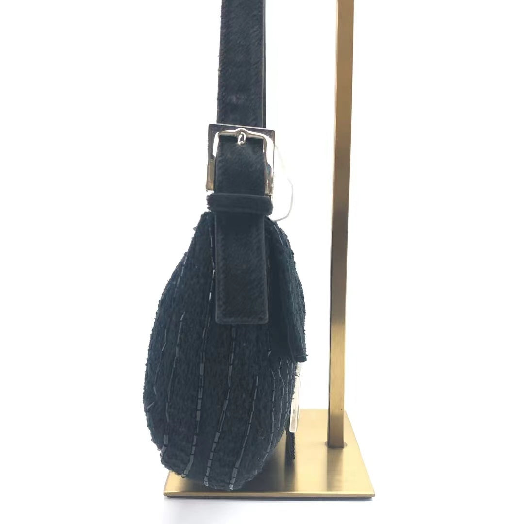 Fendi Baguette   Black Glitter Beads and Cloth Knit Shoulder Bag