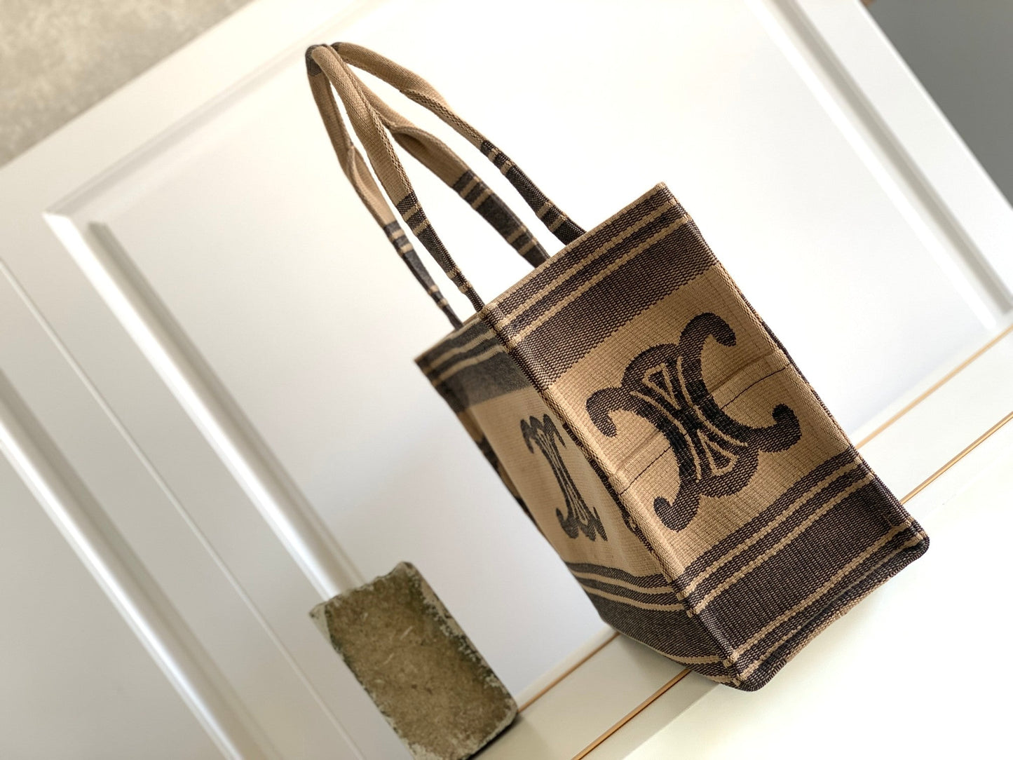 Top Quality Large Cabas Thais In Textile With Triomphe Beige/Black For Women 16in/41cm 196762EGH.02BL
