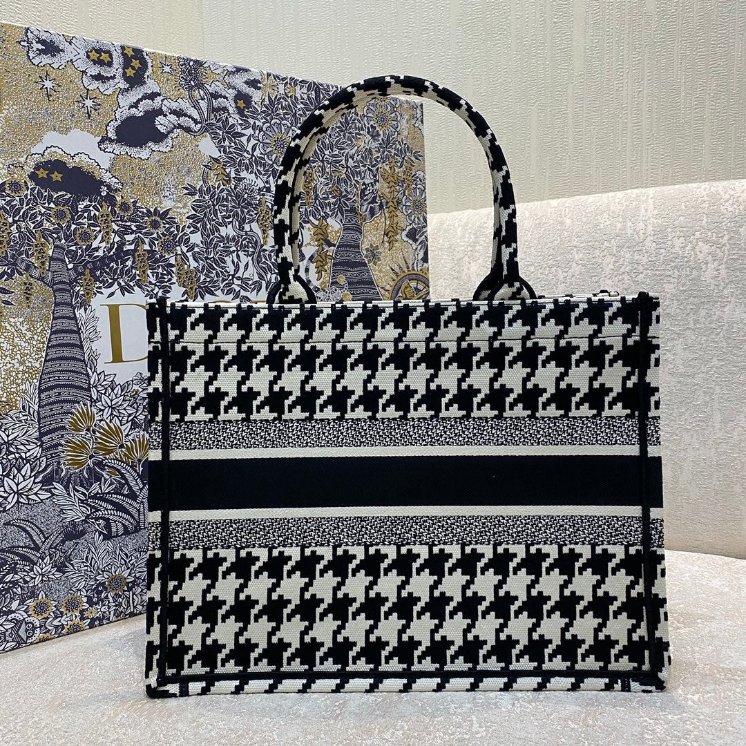 Top Quality MeTop Qualityum Book Tote Black Macro Houndstooth Embroidery, Blue, For Women Womens Handbags, Shoulder Bags, 36cm CD M1296ZTQT_M911