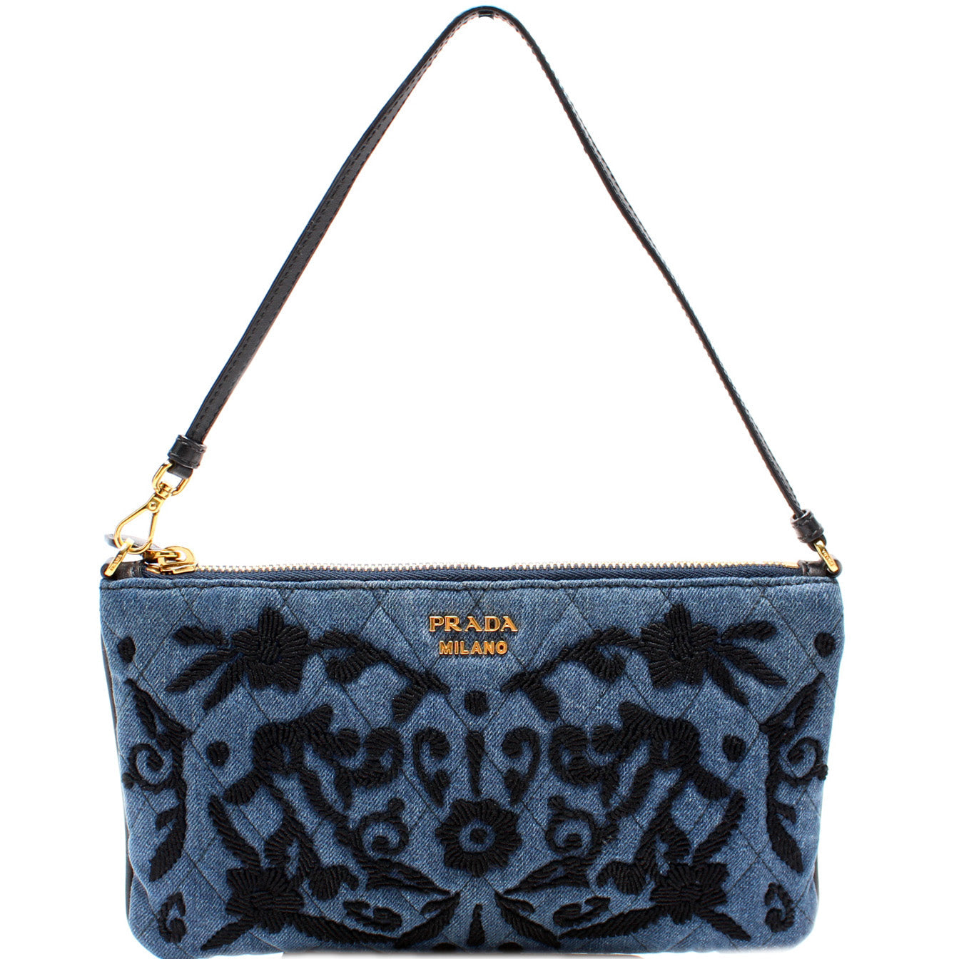 Prada Denim Embroidered Wristlet Bag