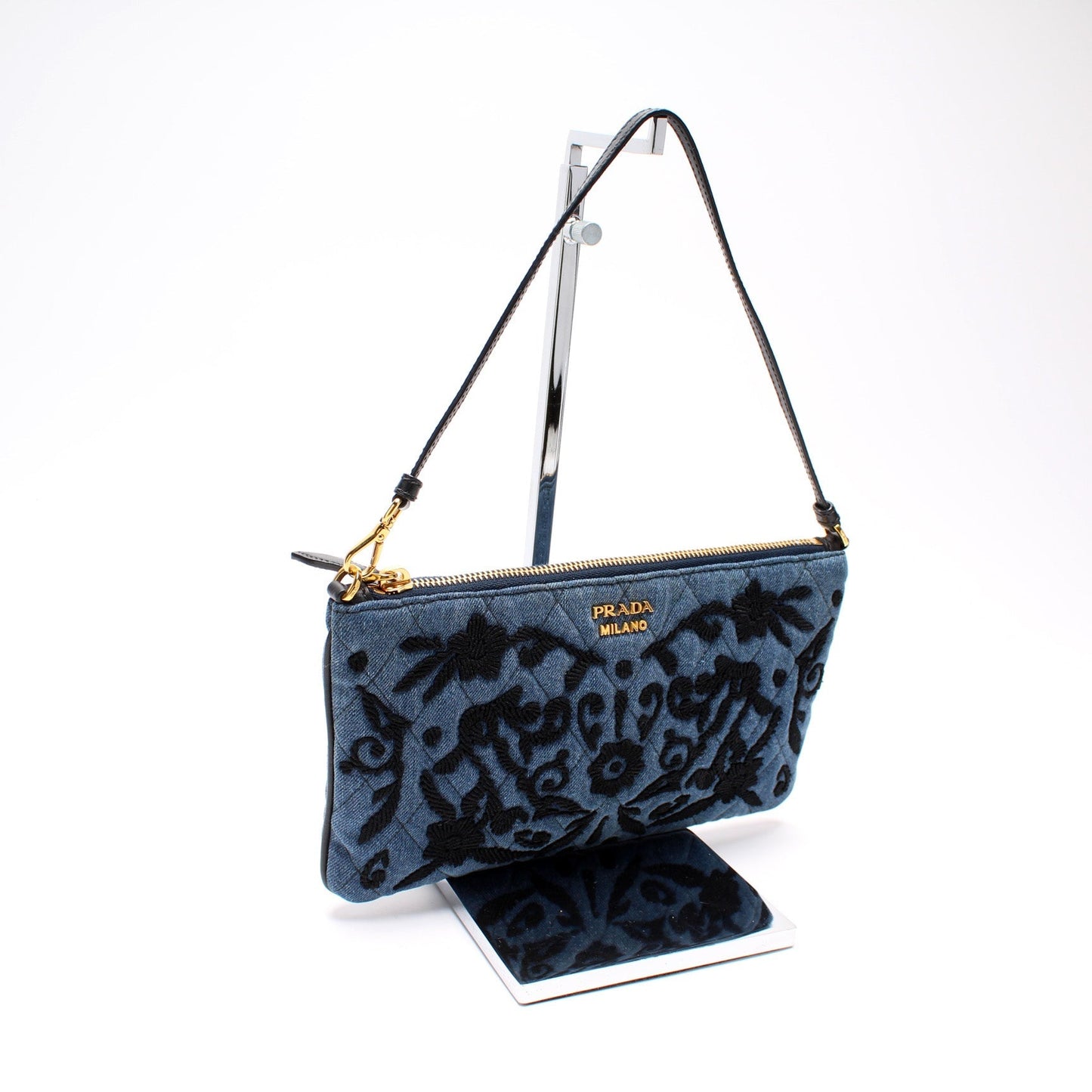 Prada Denim Embroidered Wristlet Bag